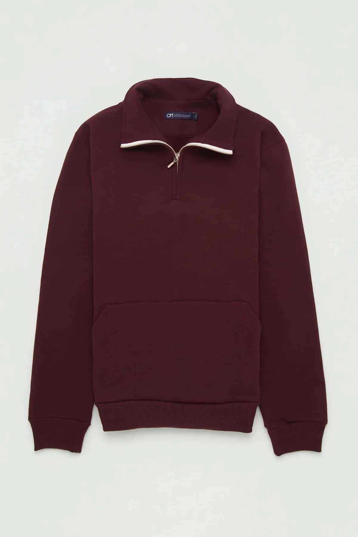 Buzo Perchado Half Zip Algodón Borgoña