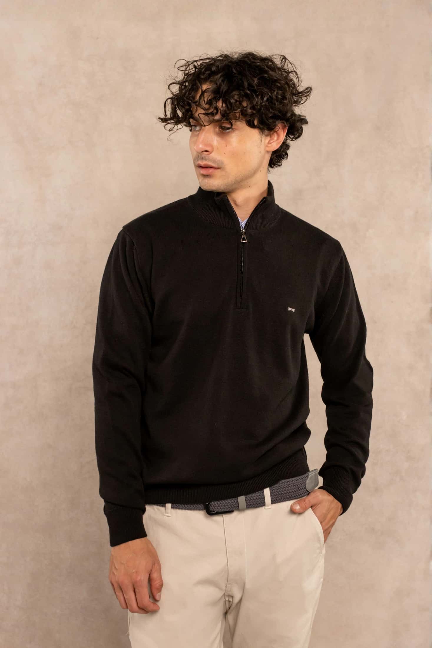 Halfzip Algodon Peinado Antiarrugas Negro