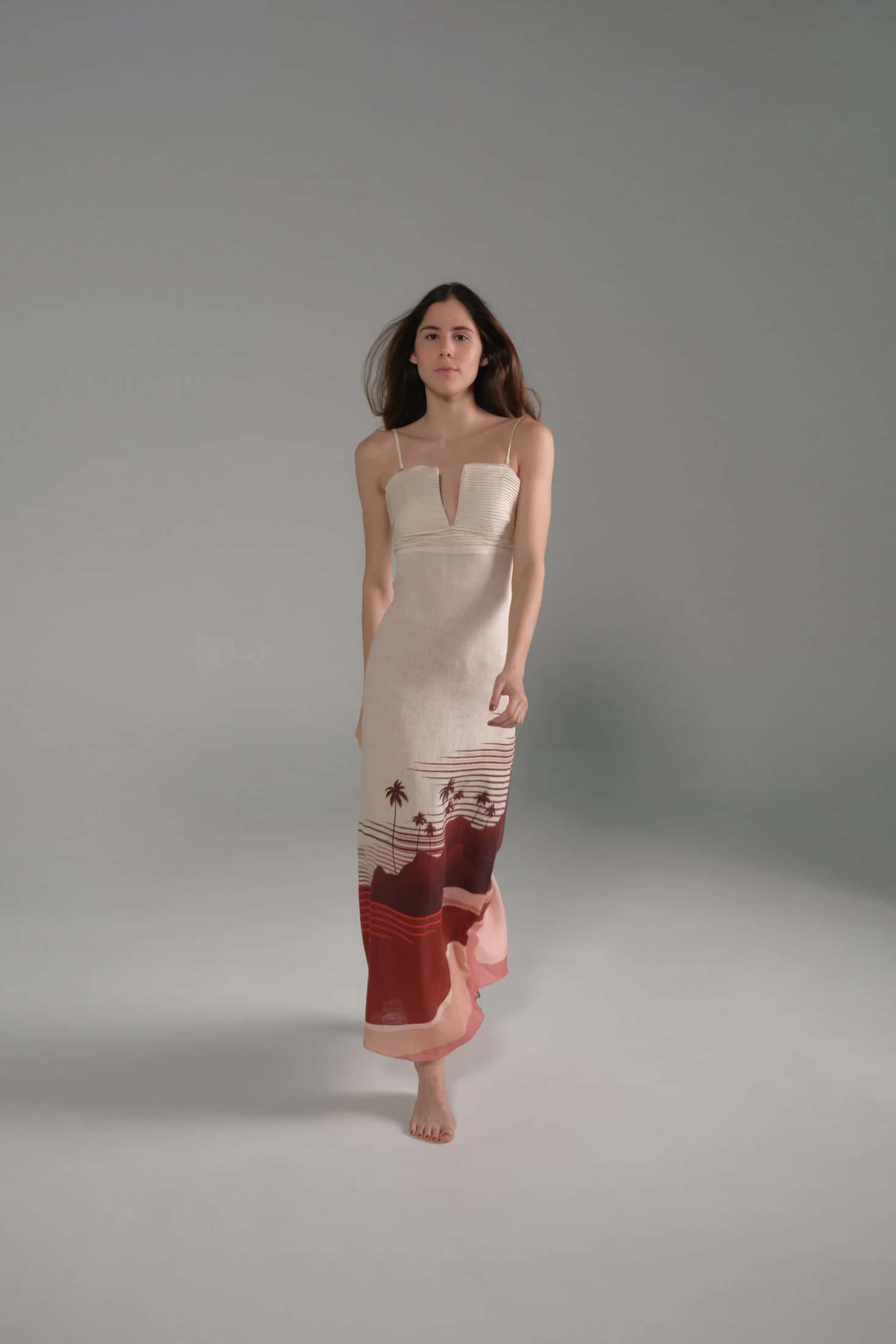 Antigüa Linen Midi Dress / Red Tropical Landscape