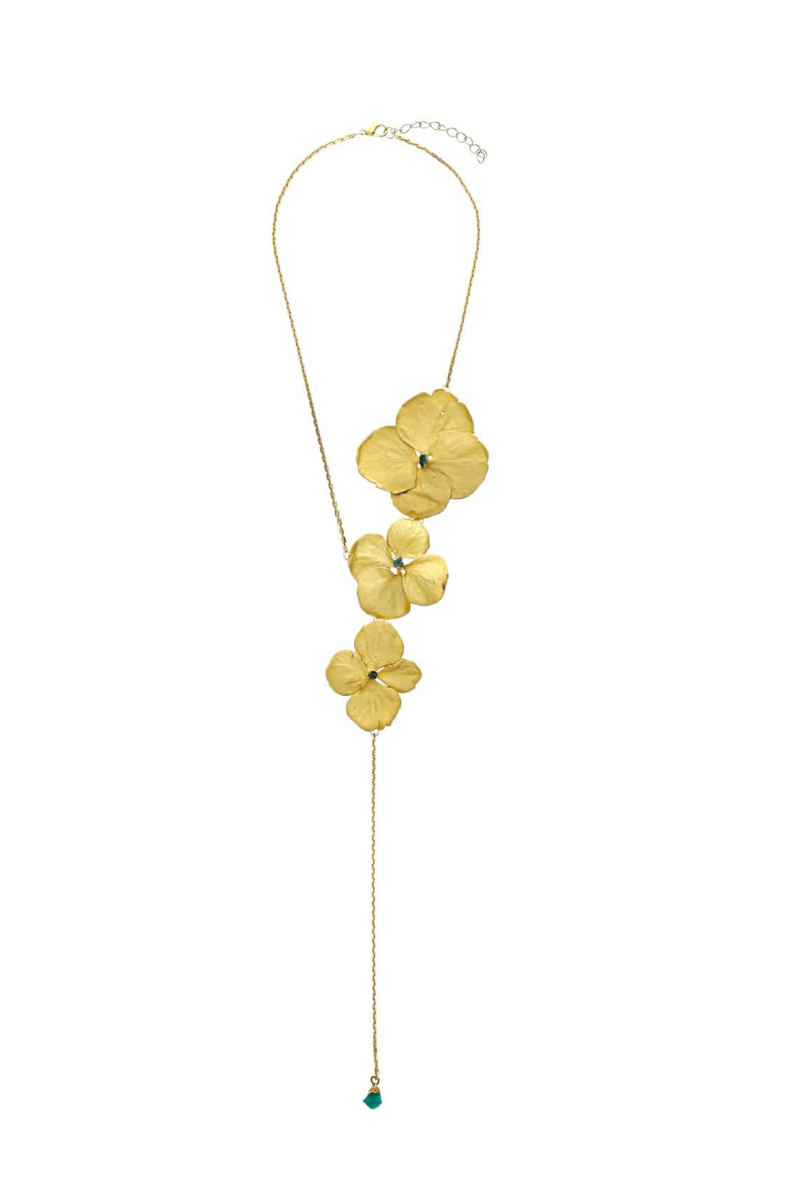TRIPLE HYDRANGEA AND ROUGH EMERALD NECKLACE