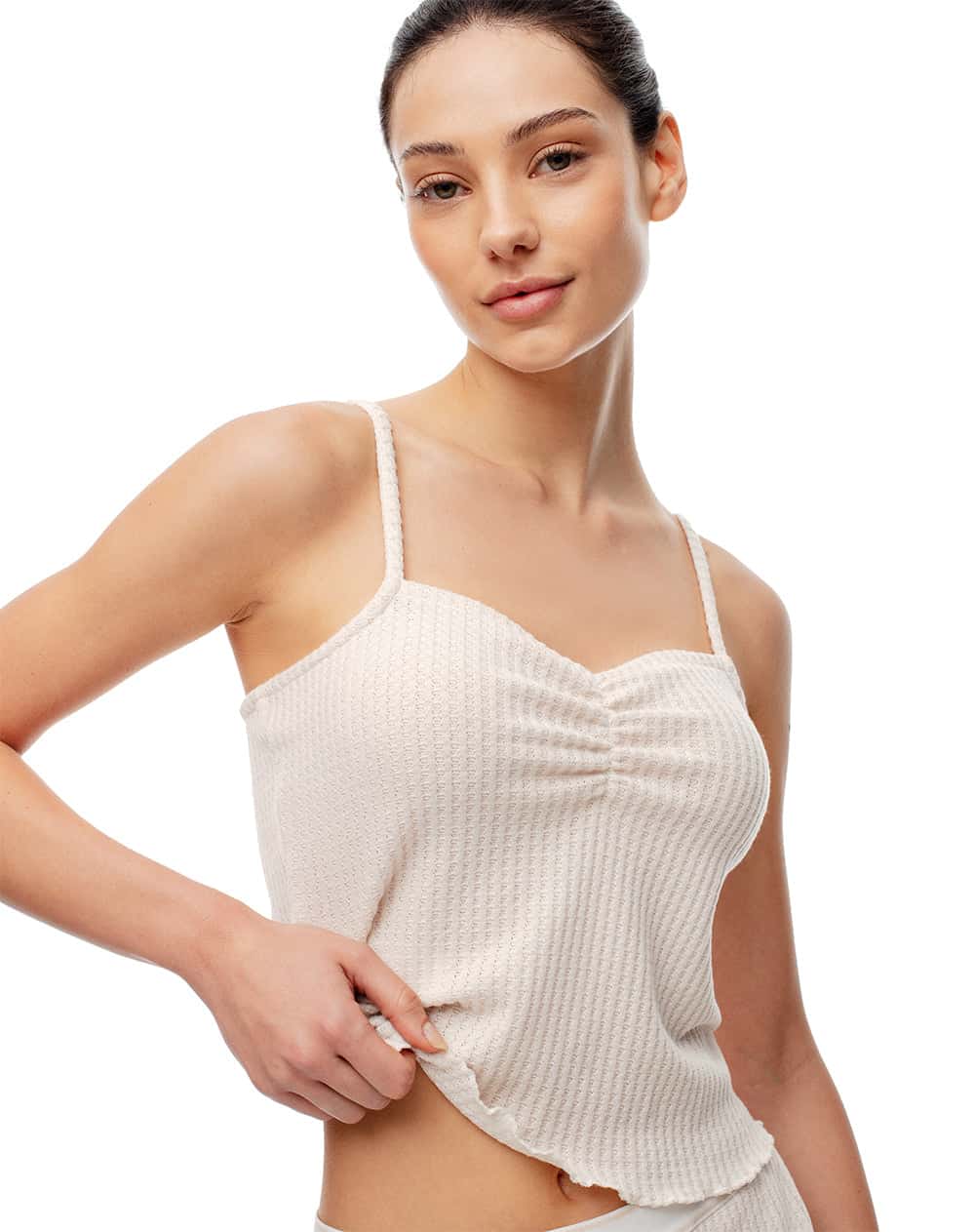 Camiseta crop slim tiras arena mujer