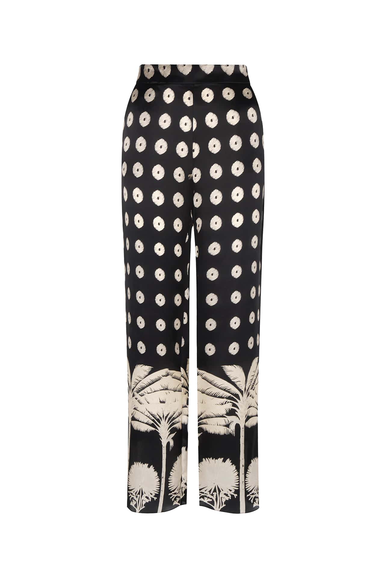 Santo Tomas Satin Silk Pants / Black Mini Palms Cream