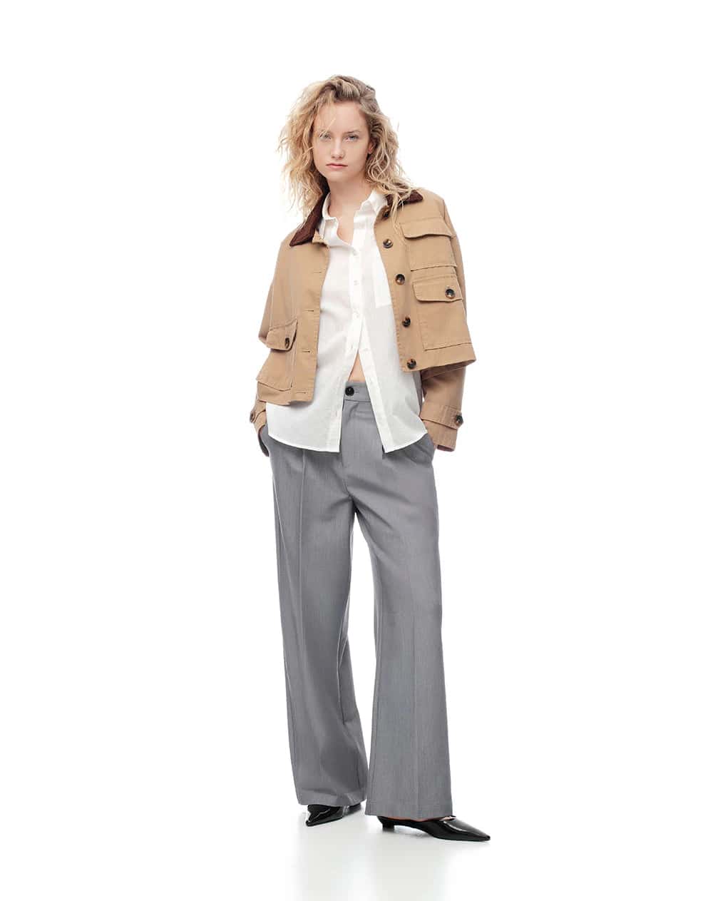 Pantalón wide leg tiro alto gris mujer