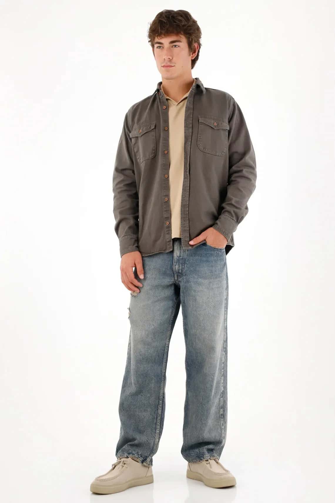 Camisa en dril con teñido vintage para hombre