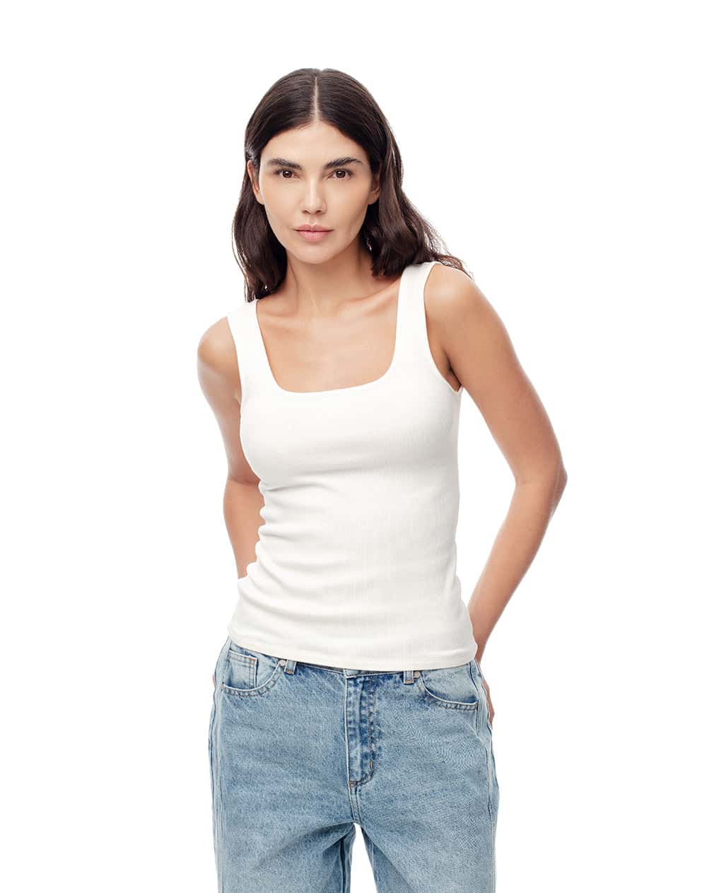 Camiseta manga sisa slim rib algodón blanca mujer