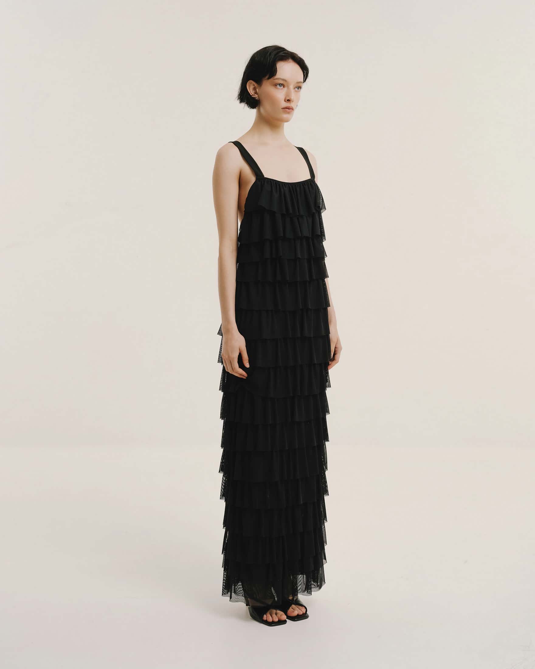 Ruffled Tulle Evening Gown
