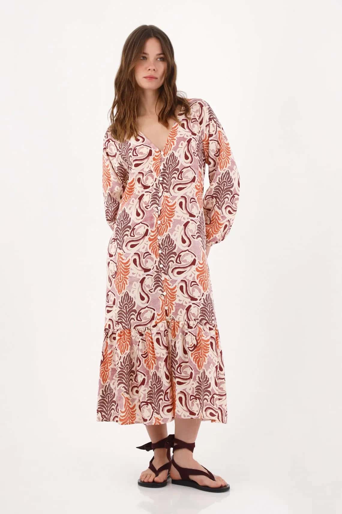 Vestido midi holgado con hojas en terracota para mujer