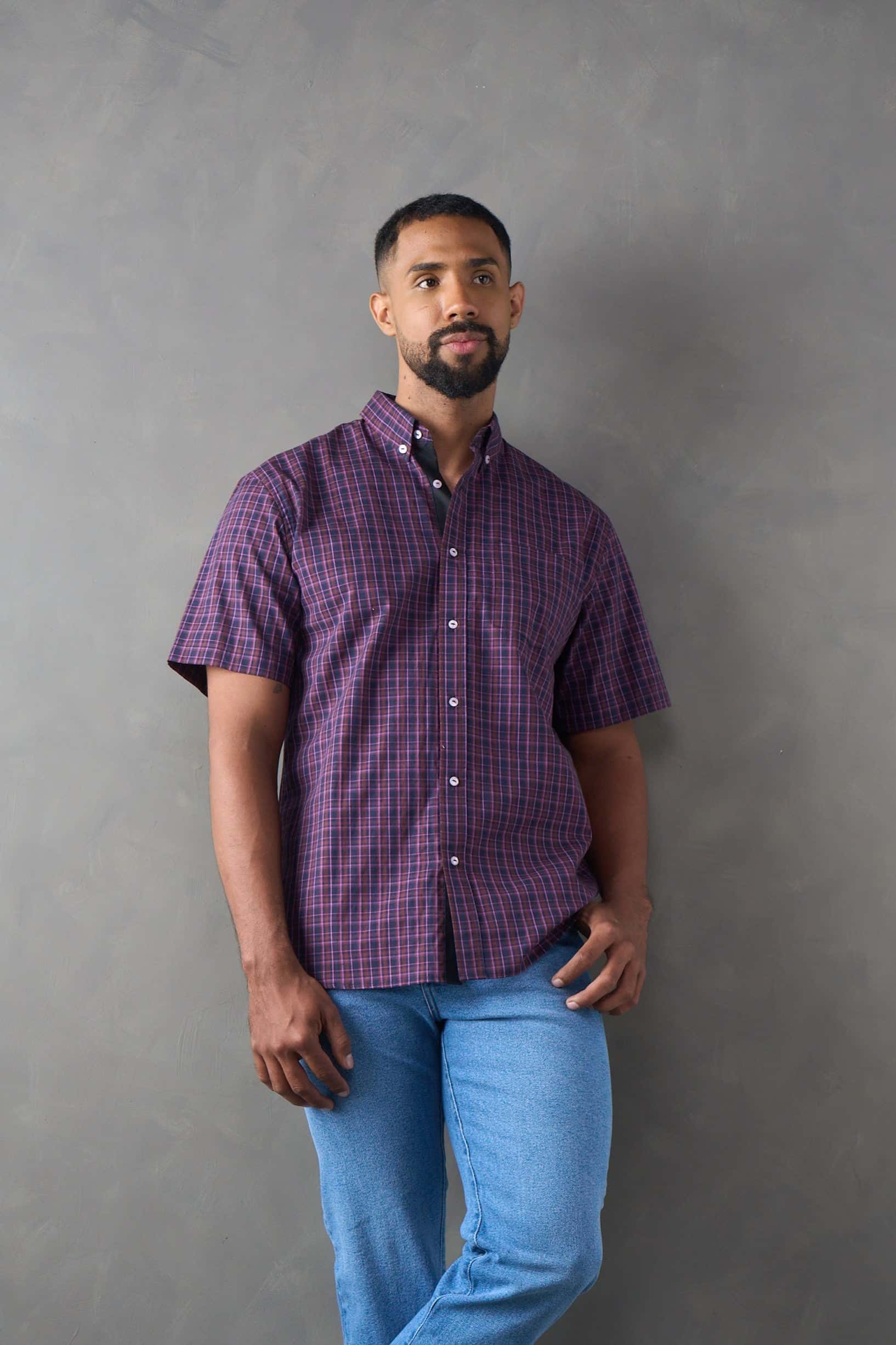 Camisa manga corta a cuadros morado