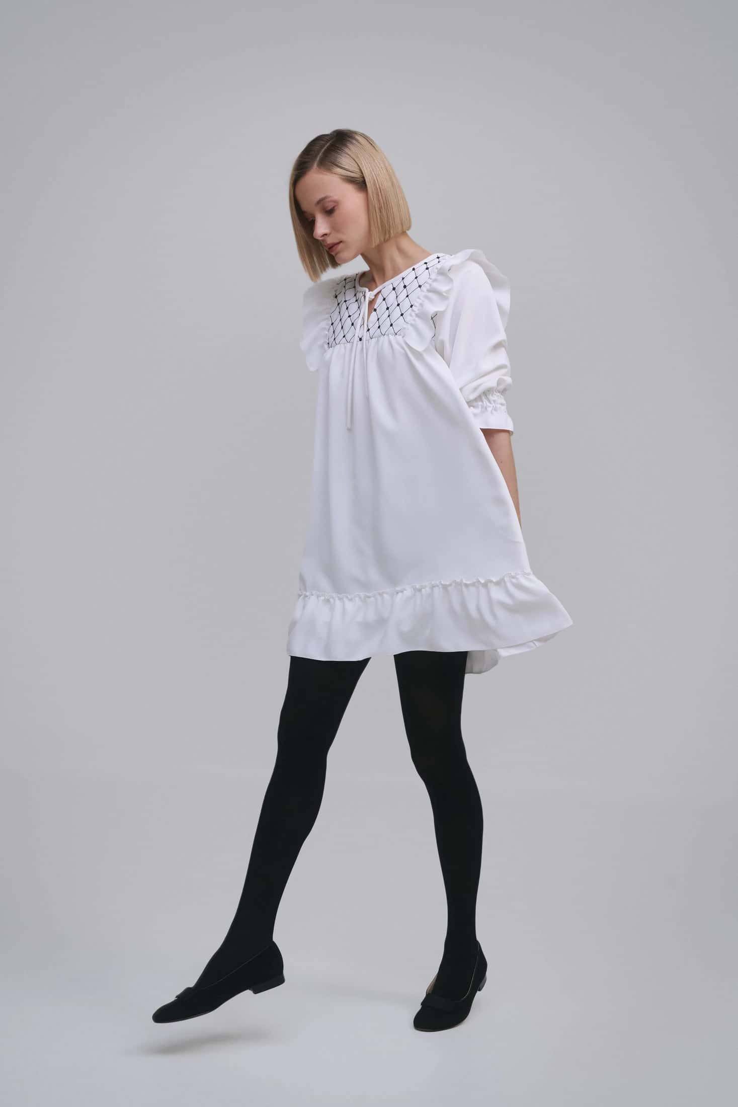 Embroidered Ruffled Short-Sleeve Mini Dress