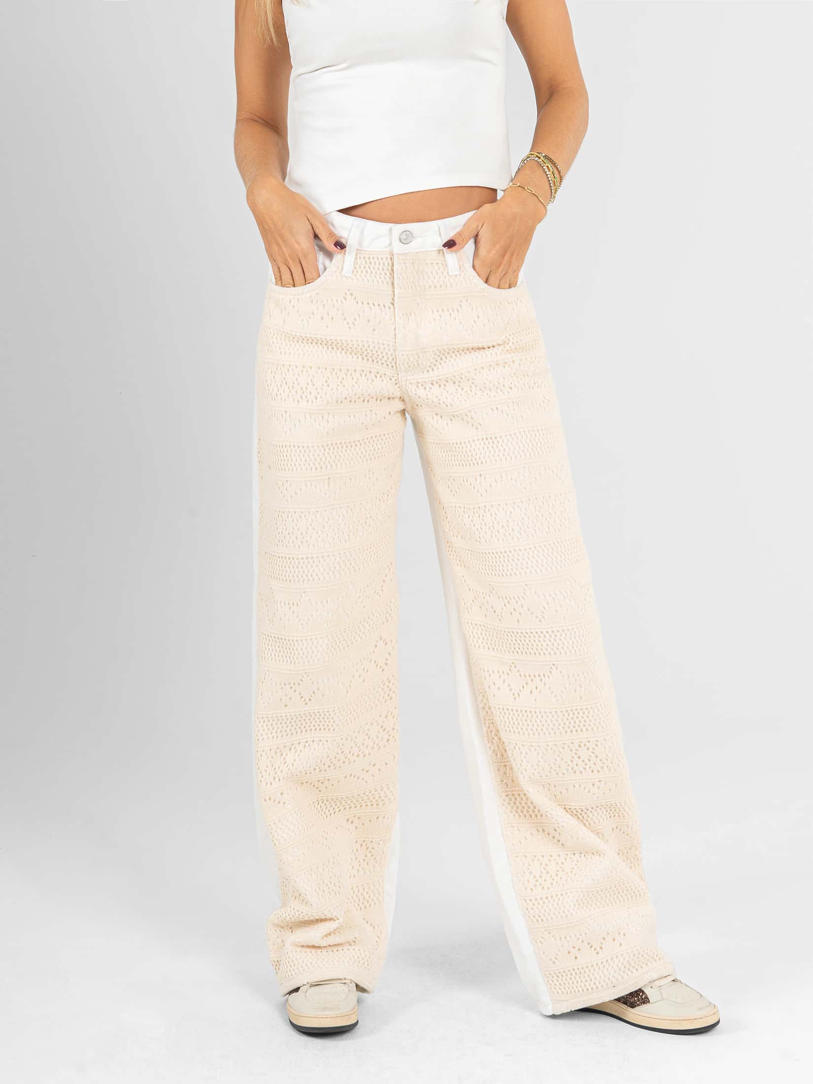 Ref: 0620686 Pantalón wide leg, rígido, tiro alto, con diseño delantero en crochet, tono natural. - miniatura 5