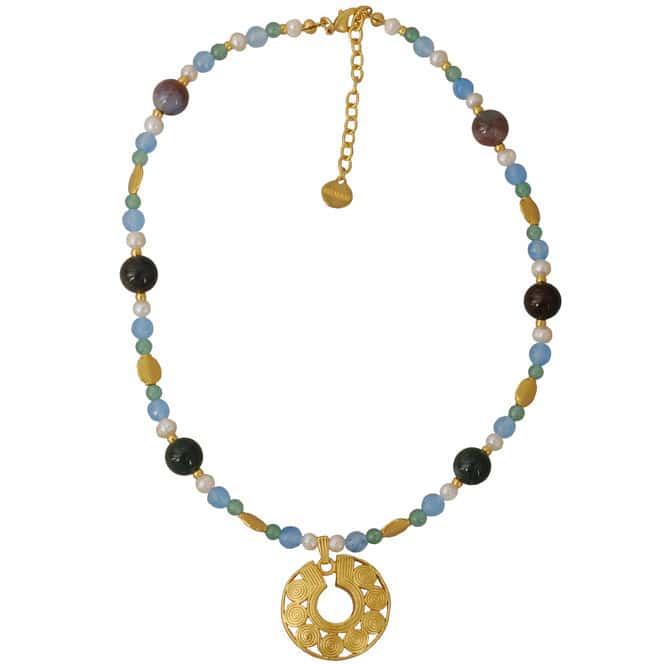 Collar semipreciosa ágata azul y Dije mediano nariguera de círculos Quimbaya