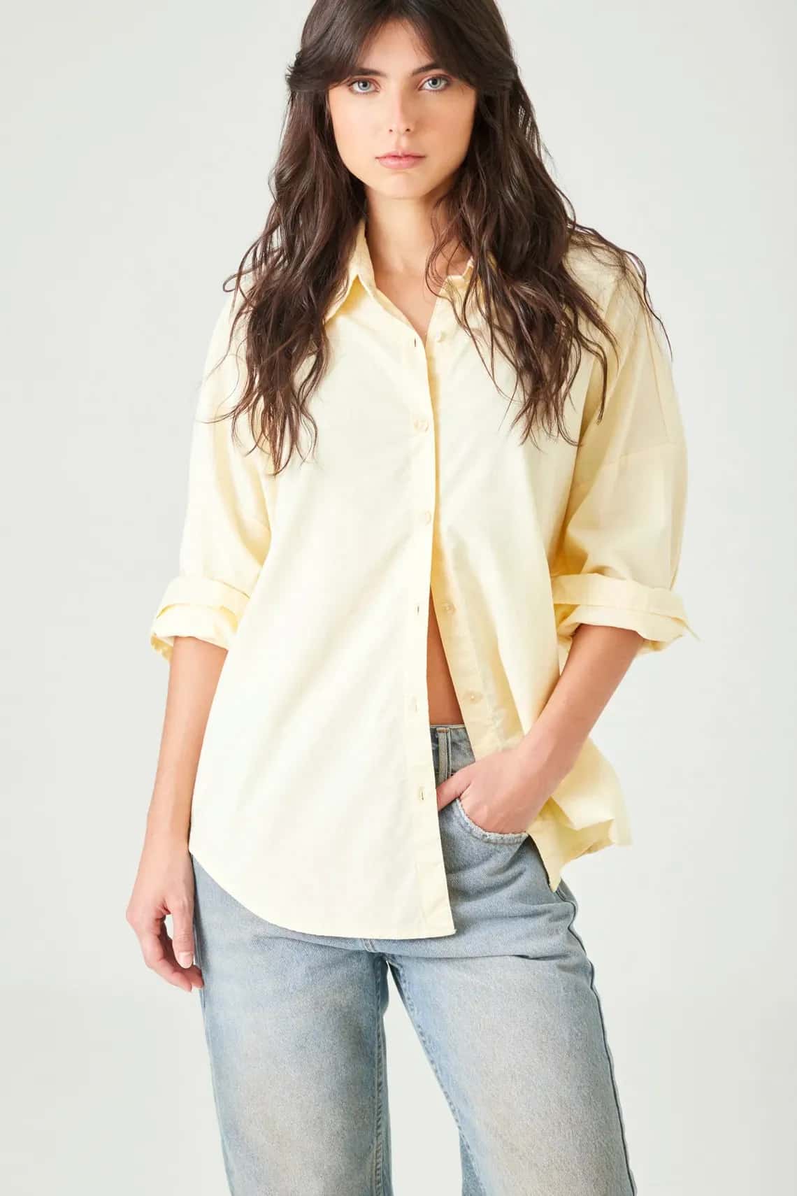 Camisa oversize con hombros caídos en algodón amarillo pastel para mujer