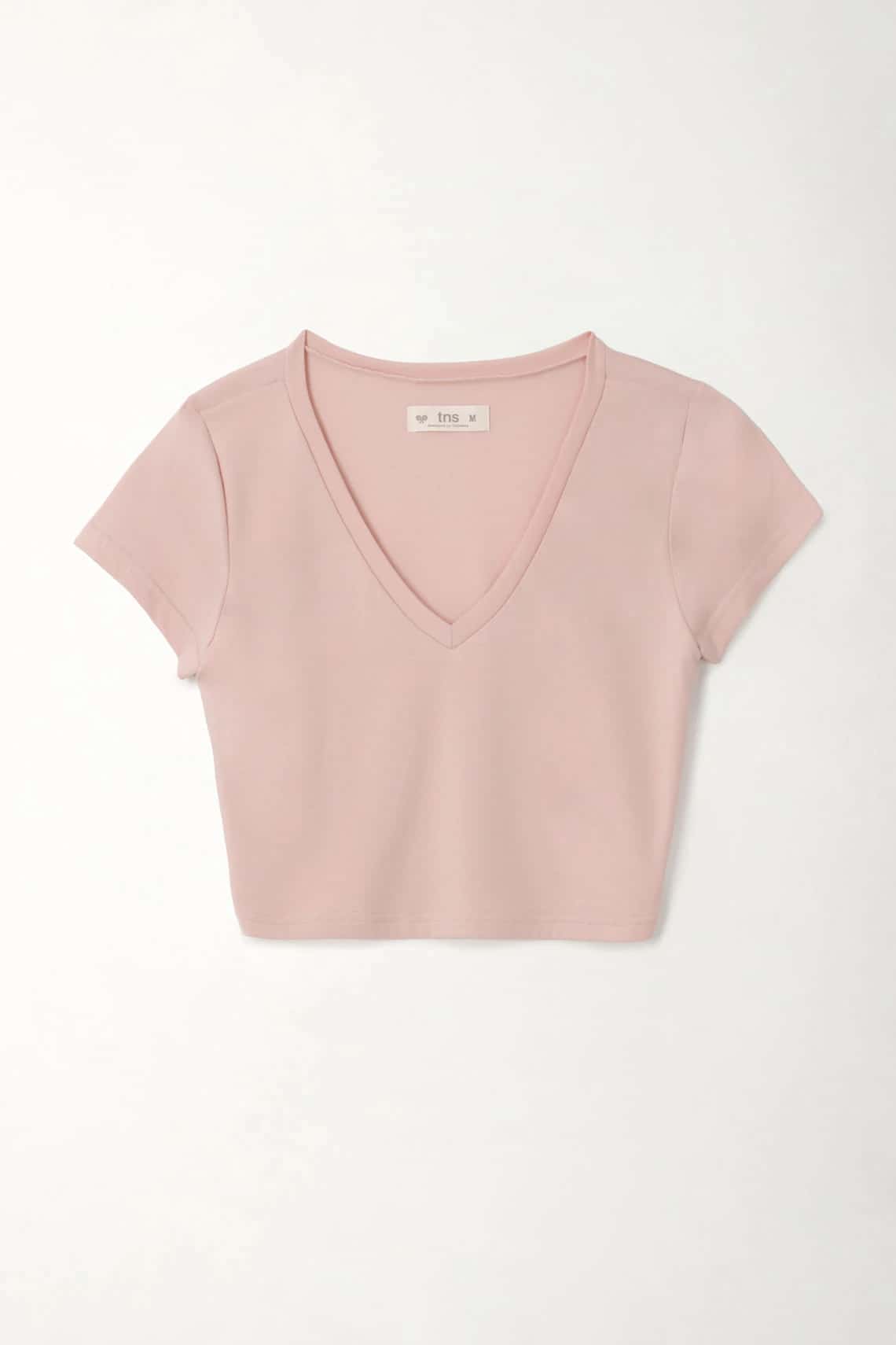Camiseta crop con cuello en V rosada para mujer