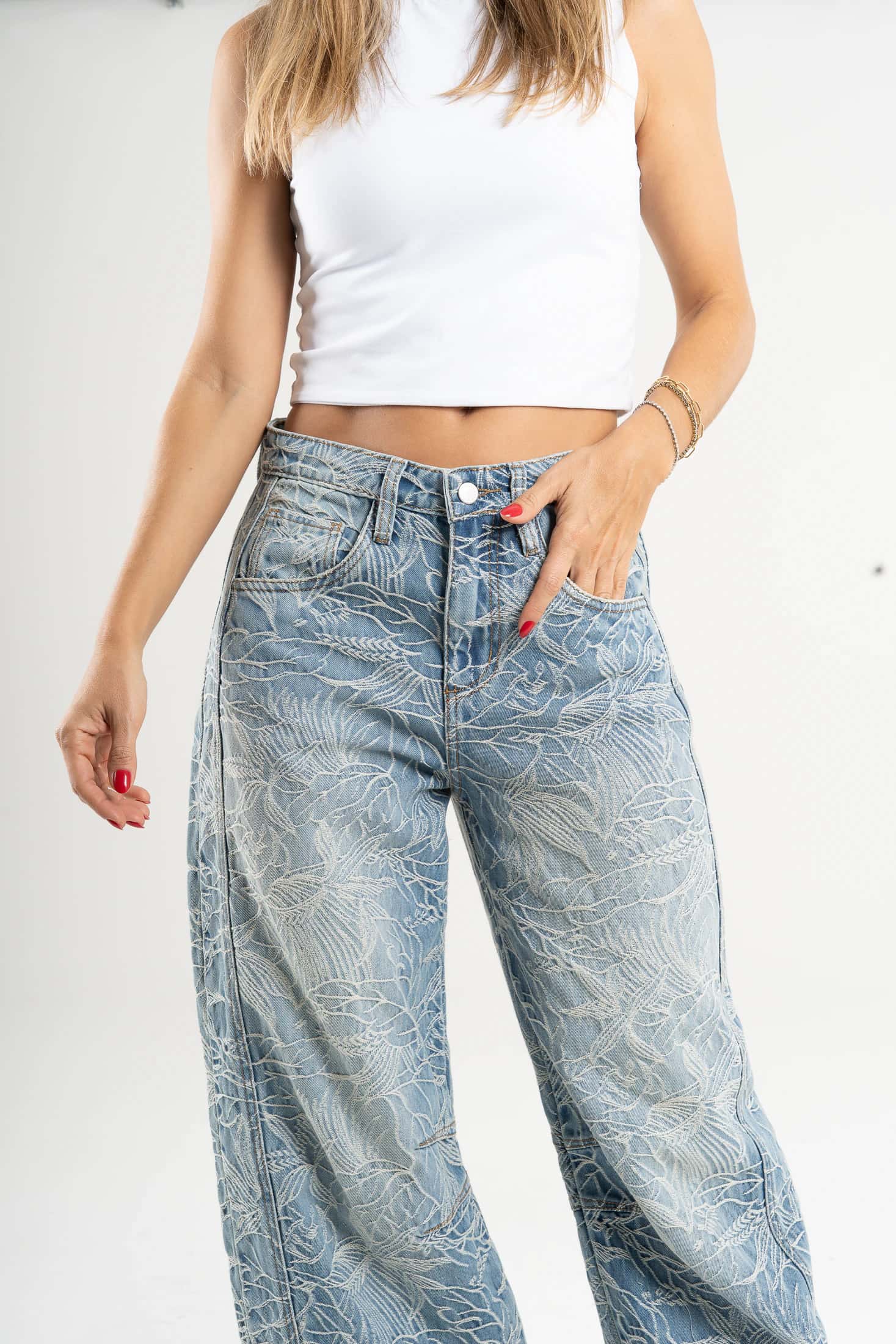 Ref: 066598 Jean wide leg, tiro alto, detalle de tela bordada, rígido, tono azul medio - miniatura 2