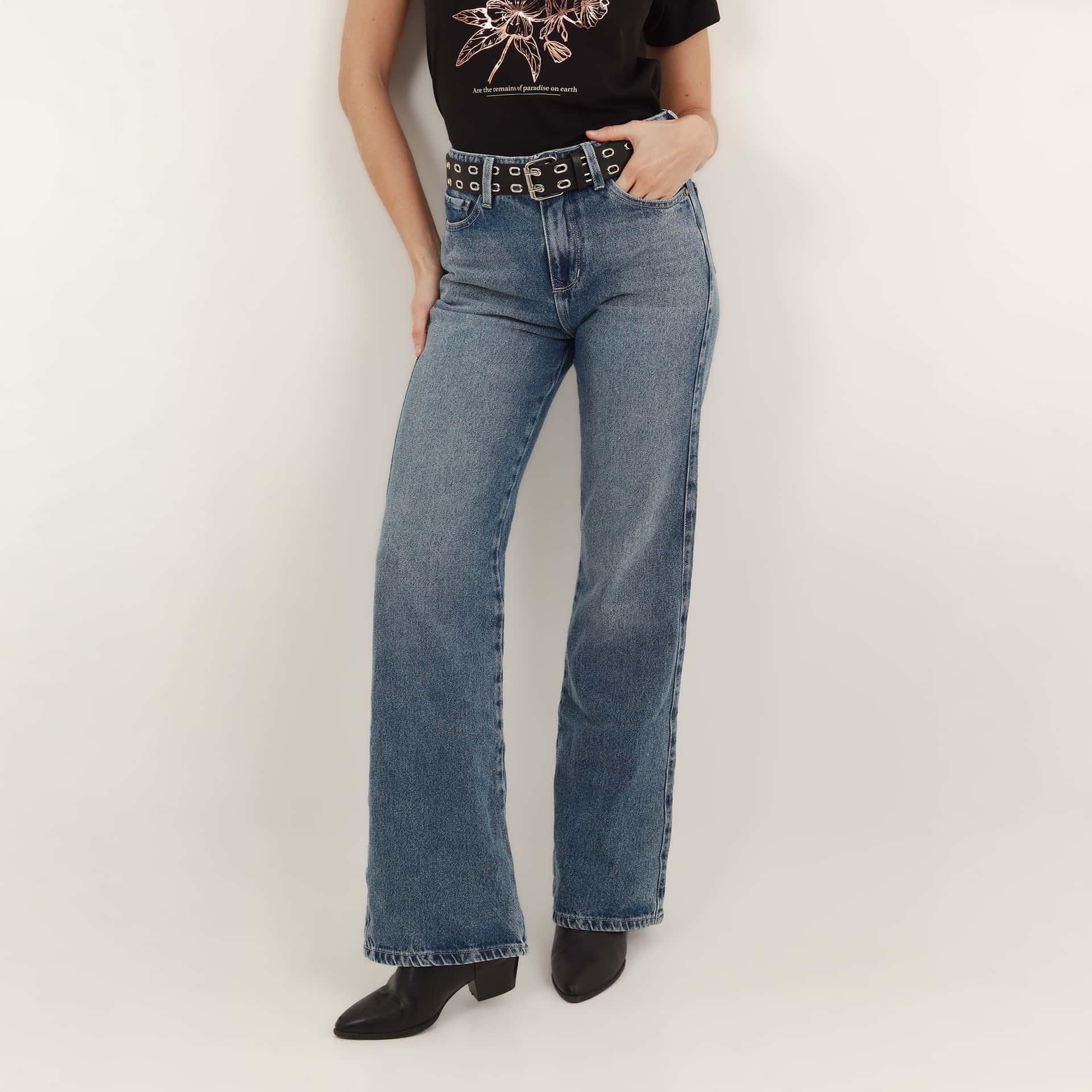 Jean mom bota flare tiro super alto - miniatura 2