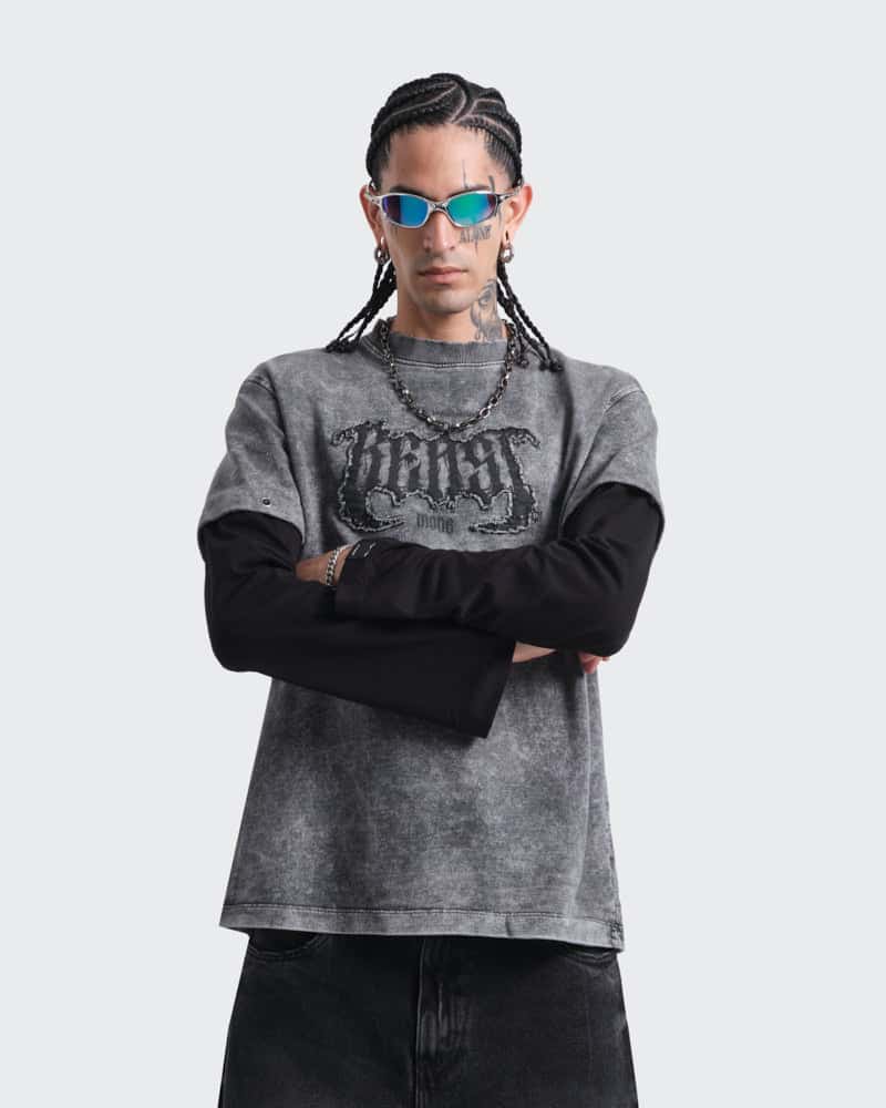 Camiseta Gris Oversize Doble Manga Raw - miniatura 1