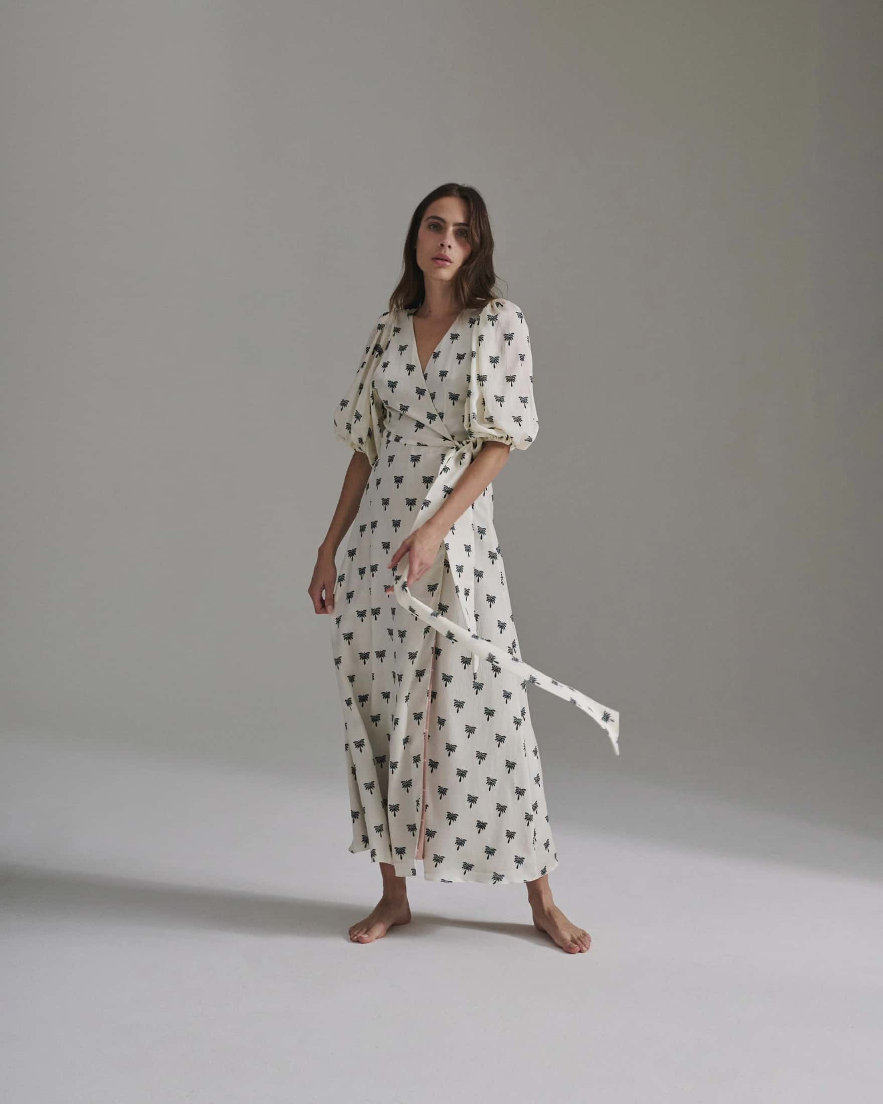 Ermita Martellato Silk Midi Dress / Ivory - Black Polka Palms