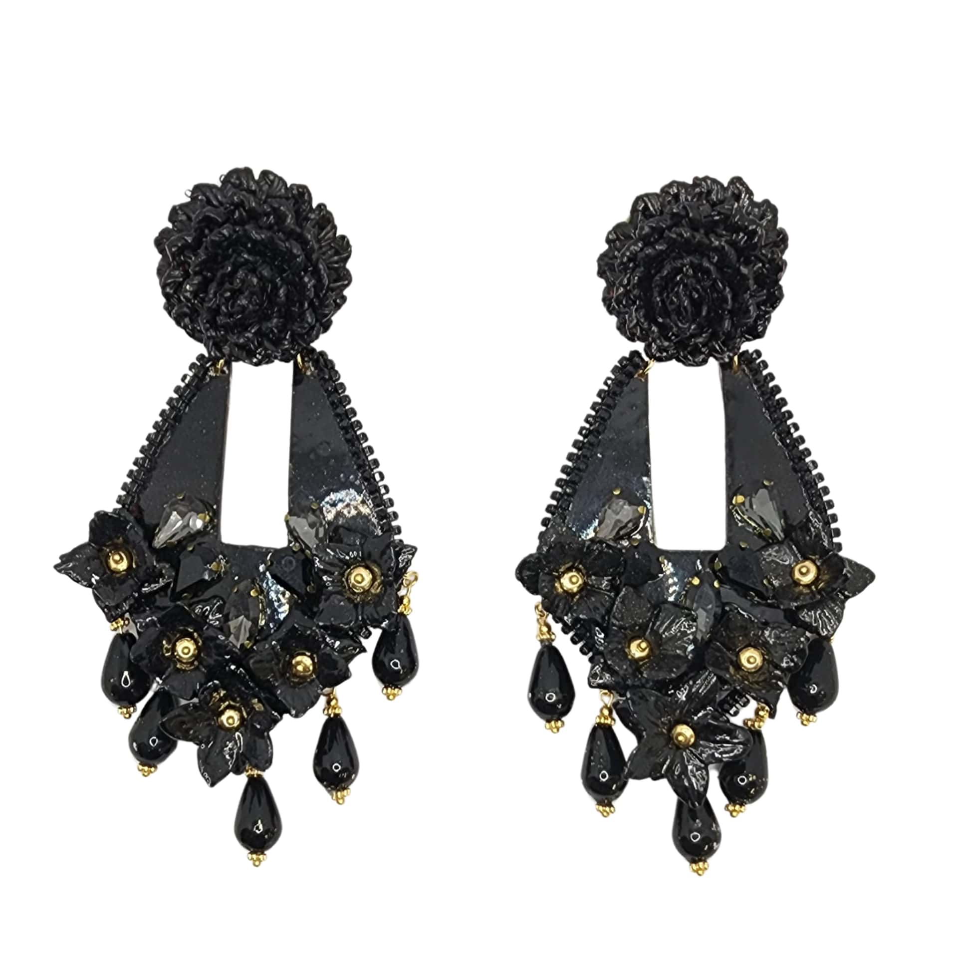 Fiber Black Flower Earrings
