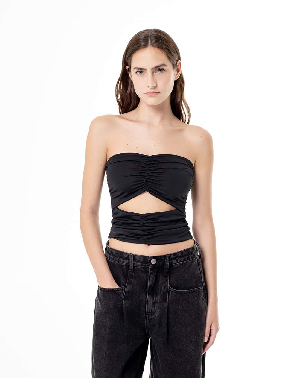 Top strapless cut out fruncido negro mujer