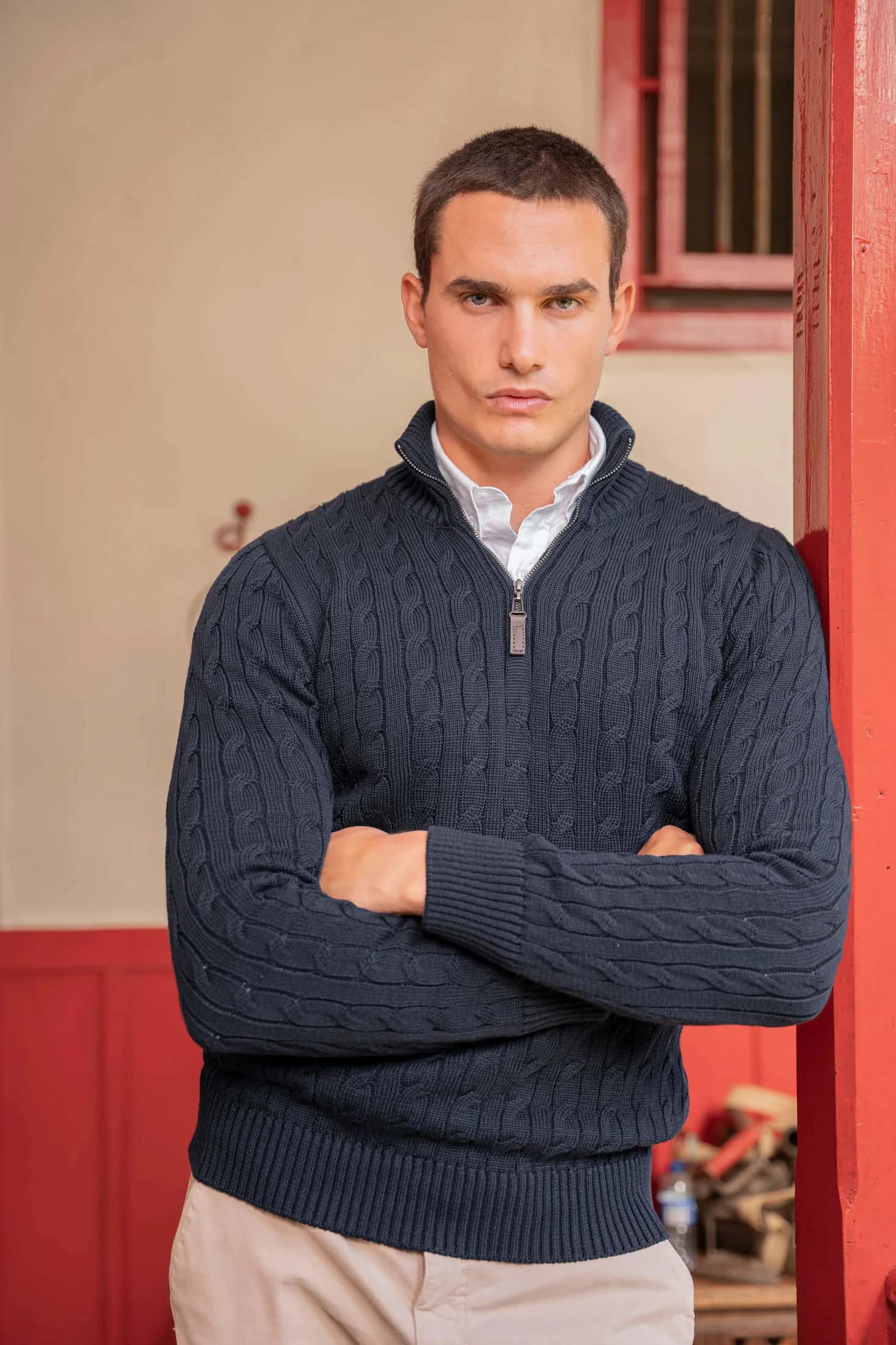 Suéter Halfzip Trenzado Hombre Azul Oscuro