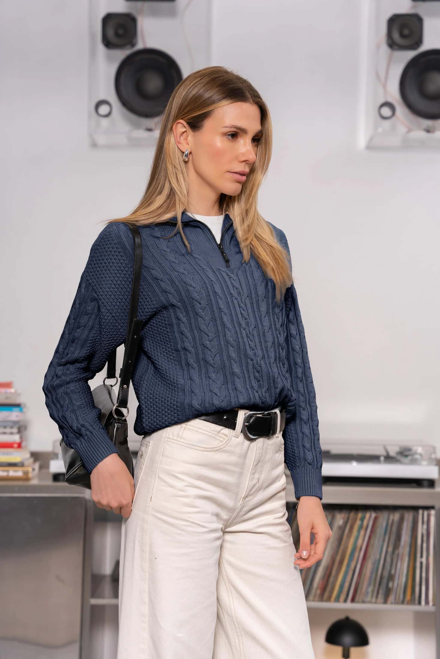 Suéter Halfzip Trenzado Algodón Mujer Azul Navy - miniatura 3