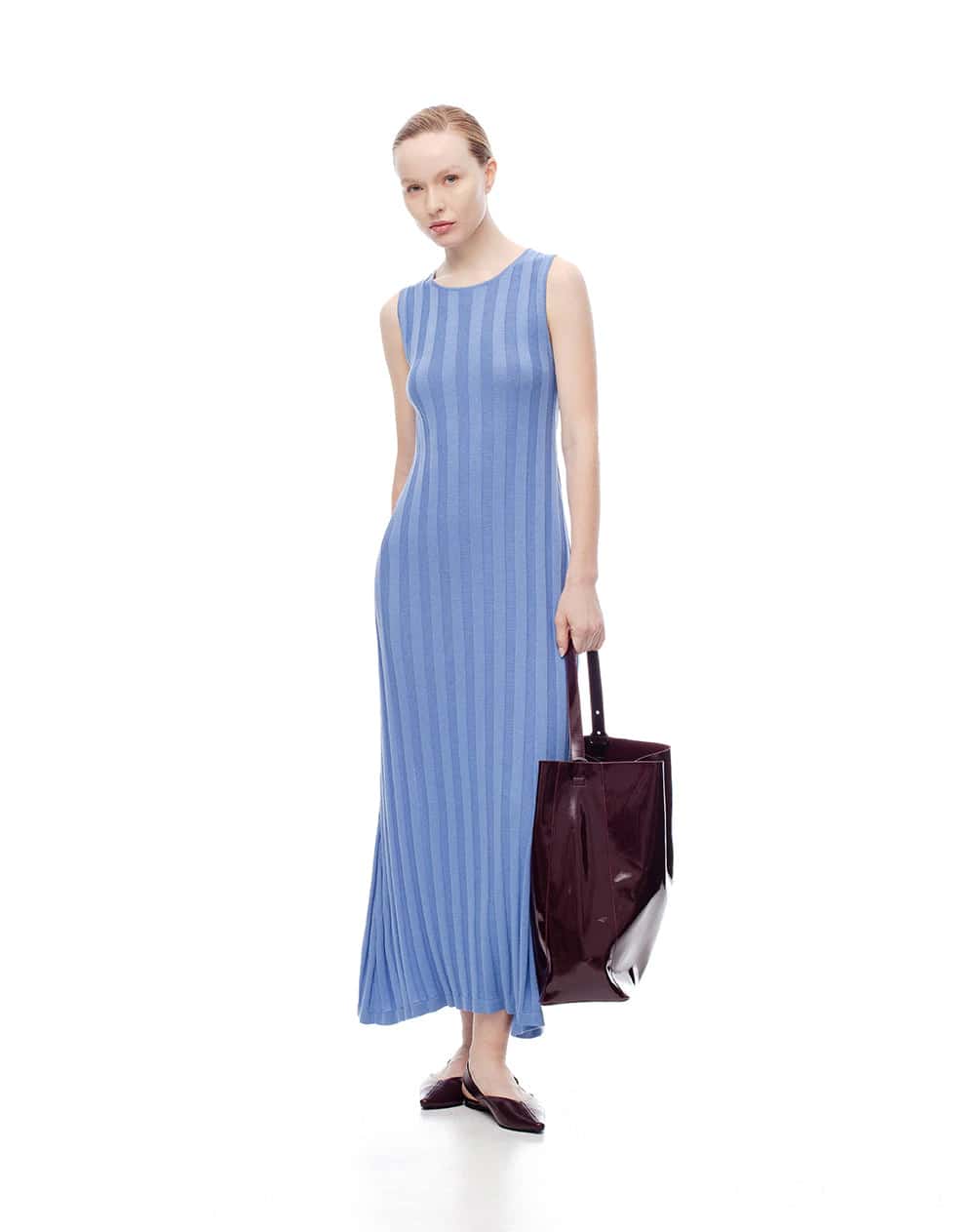 Vestido largo tejido acanalado azul mujer