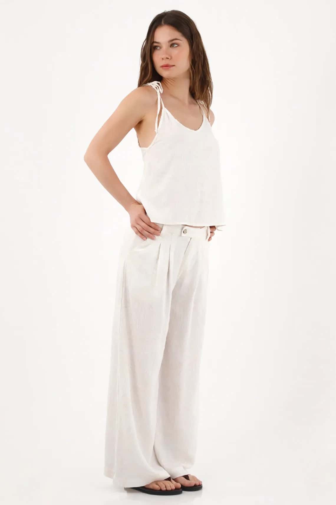 Pantalón de silueta amplia con textura de hojas blanco para muje