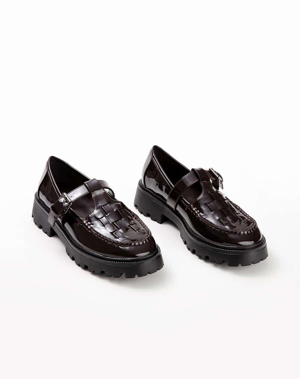 Mocasines chunky charol café mujer