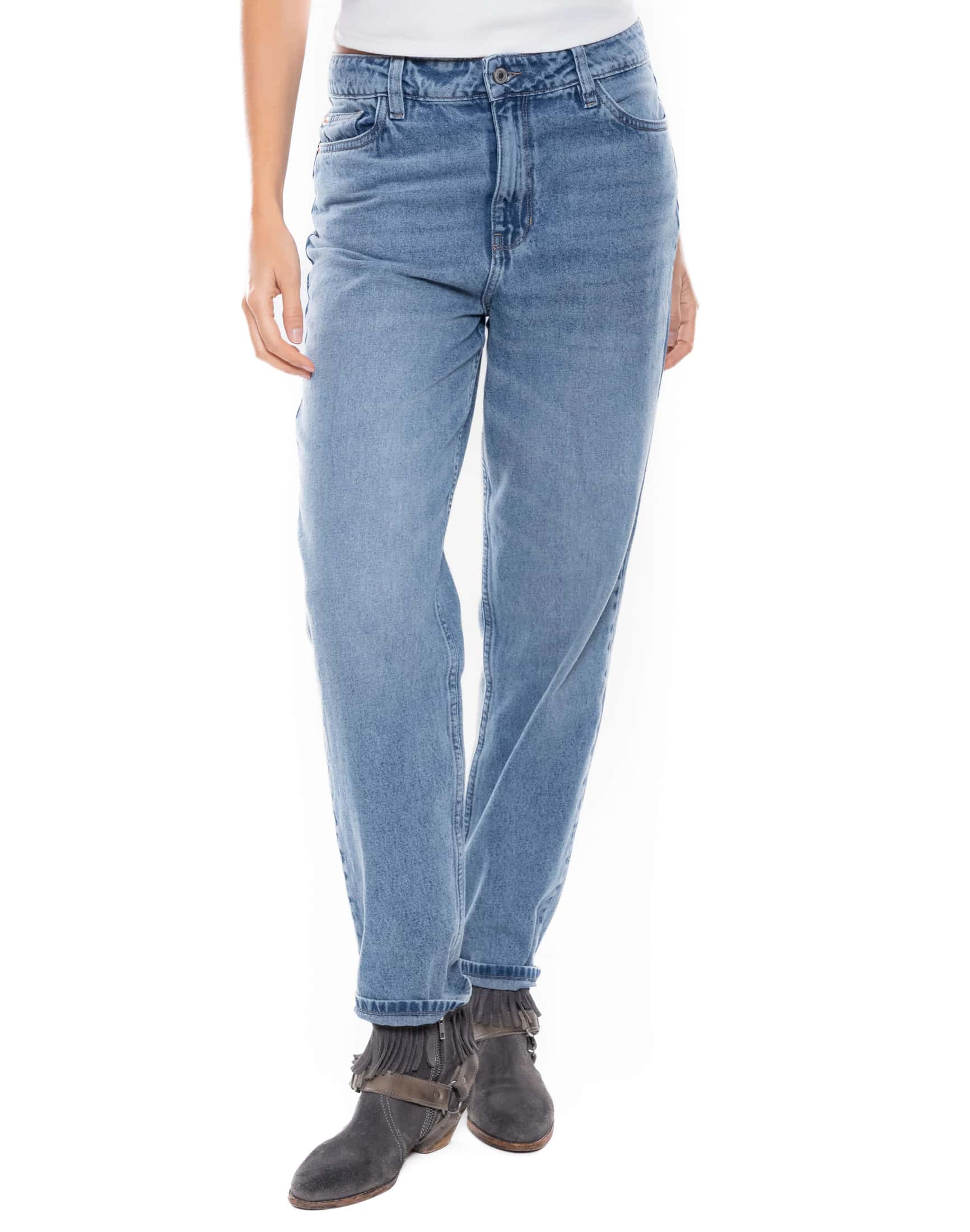 High Waist Mom Fit Jeans Tono Medio Con Reservas En Costuras