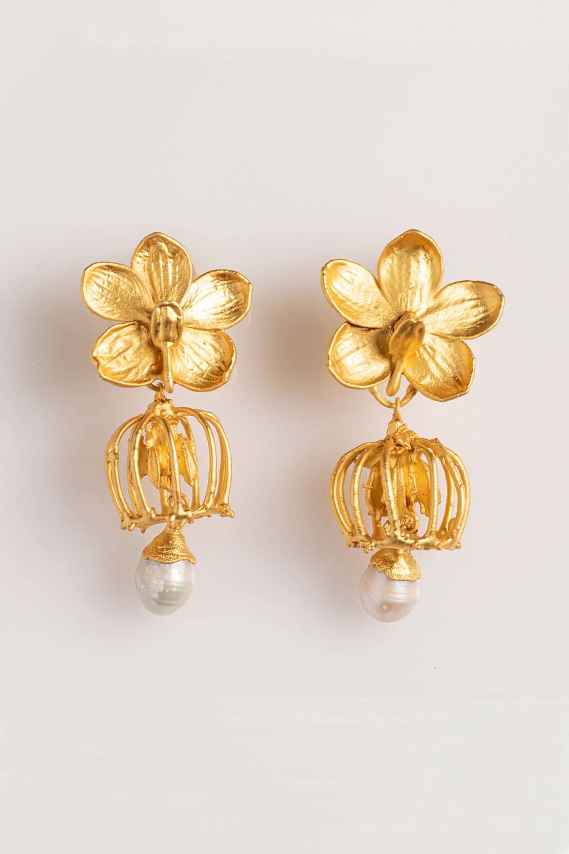 MINI VANDA ORCHID CAMPANULA AND PEARLS CHANDELIER EARRINGS
