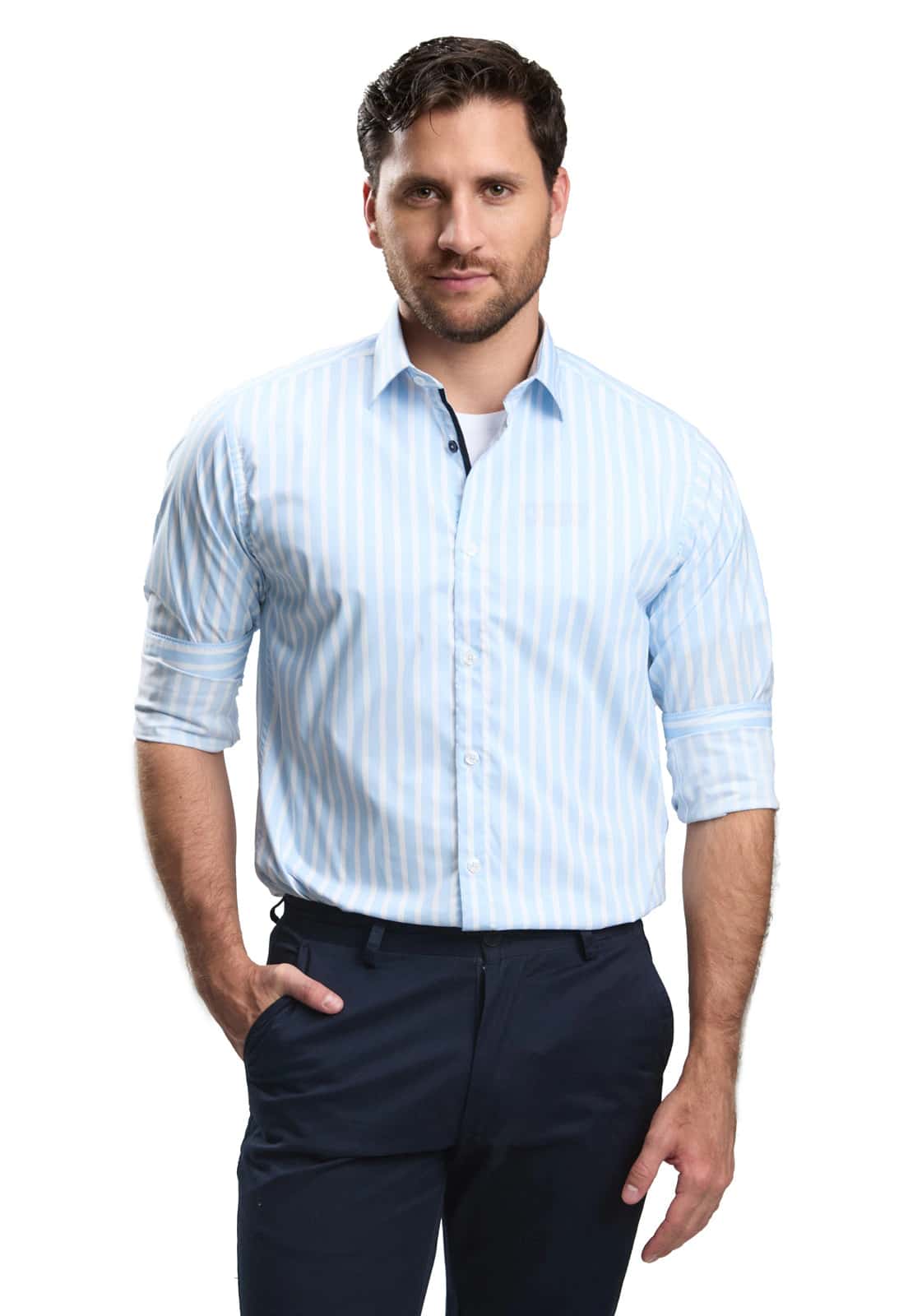 Camisa casual slim fit azul a rayas blancas