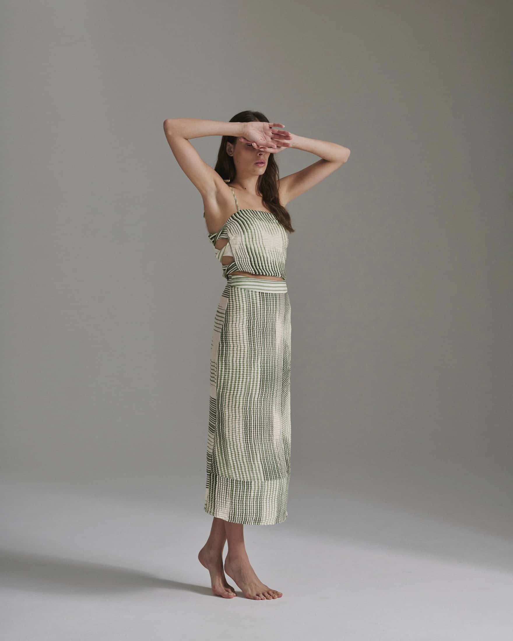 Beatrice Pleated Linen Midi Skirt / Green Stripes
