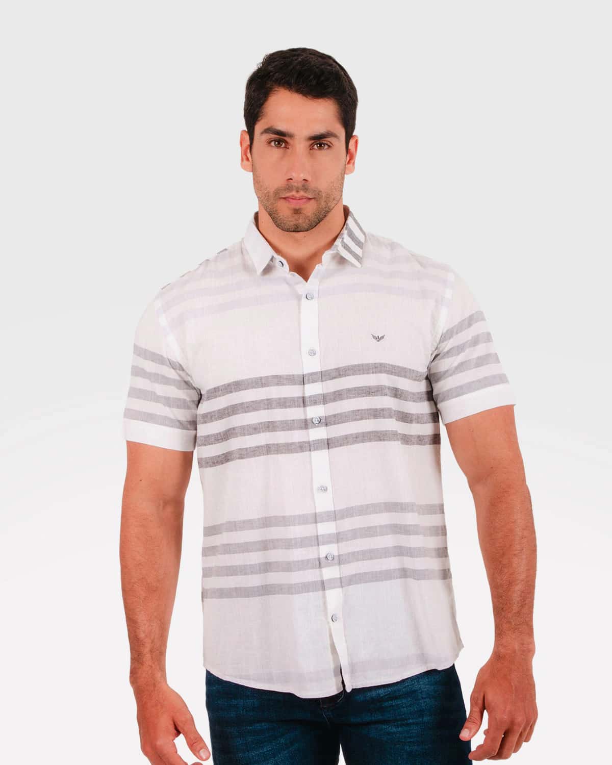 Camisa gris de rayas manga corta para hombre