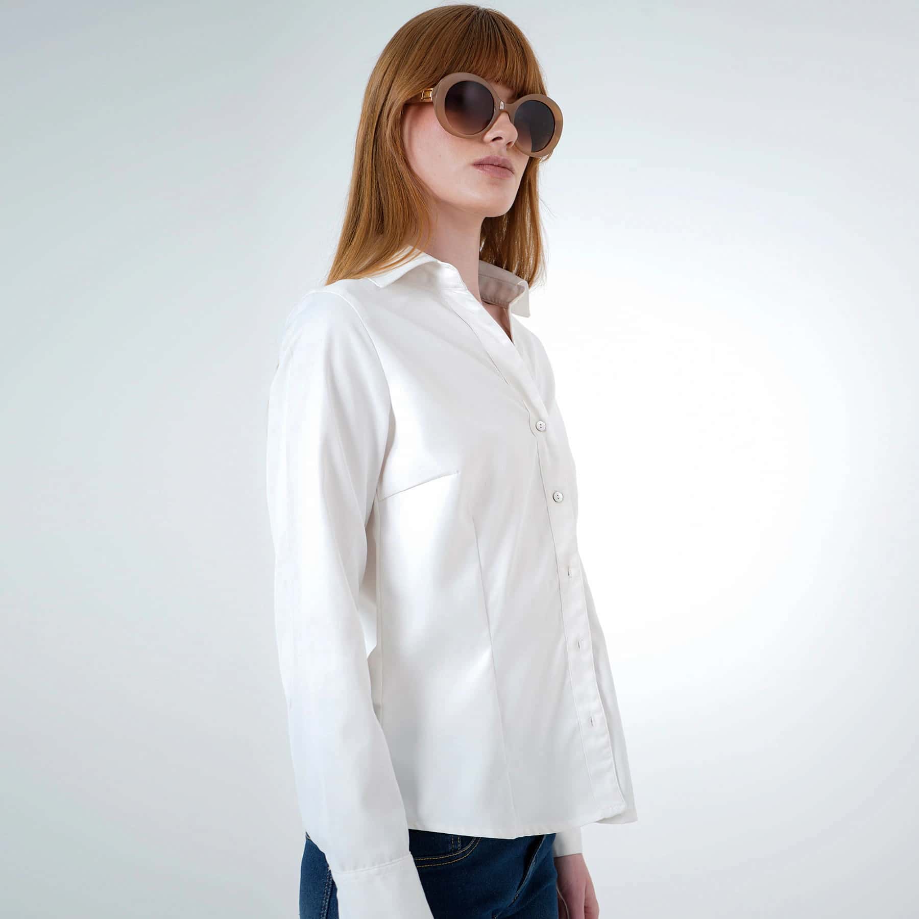 Blusa cuello camisero manga larga con pinzas de entalle