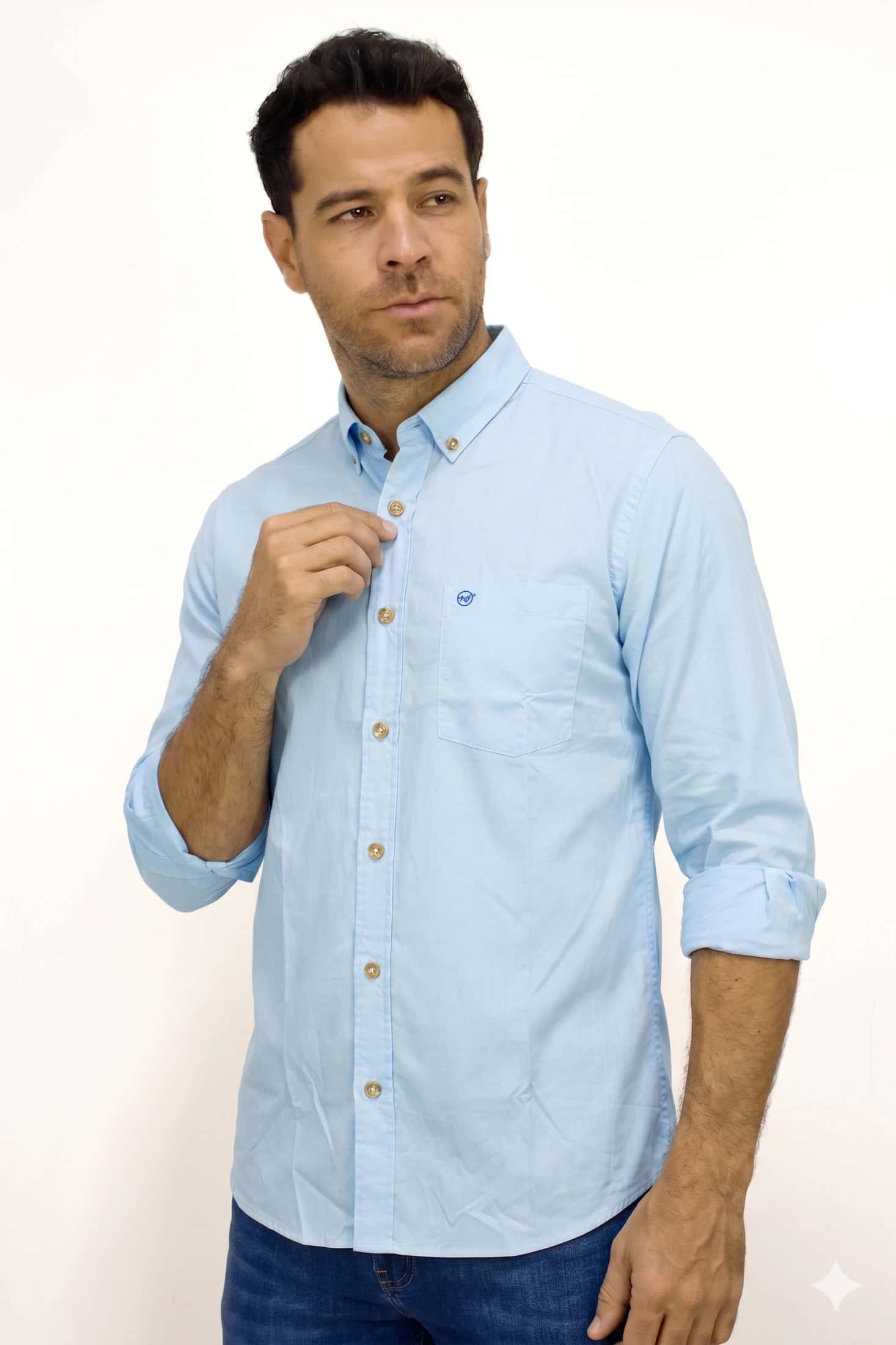 Camisa Manga Larga Azul Para Hombre