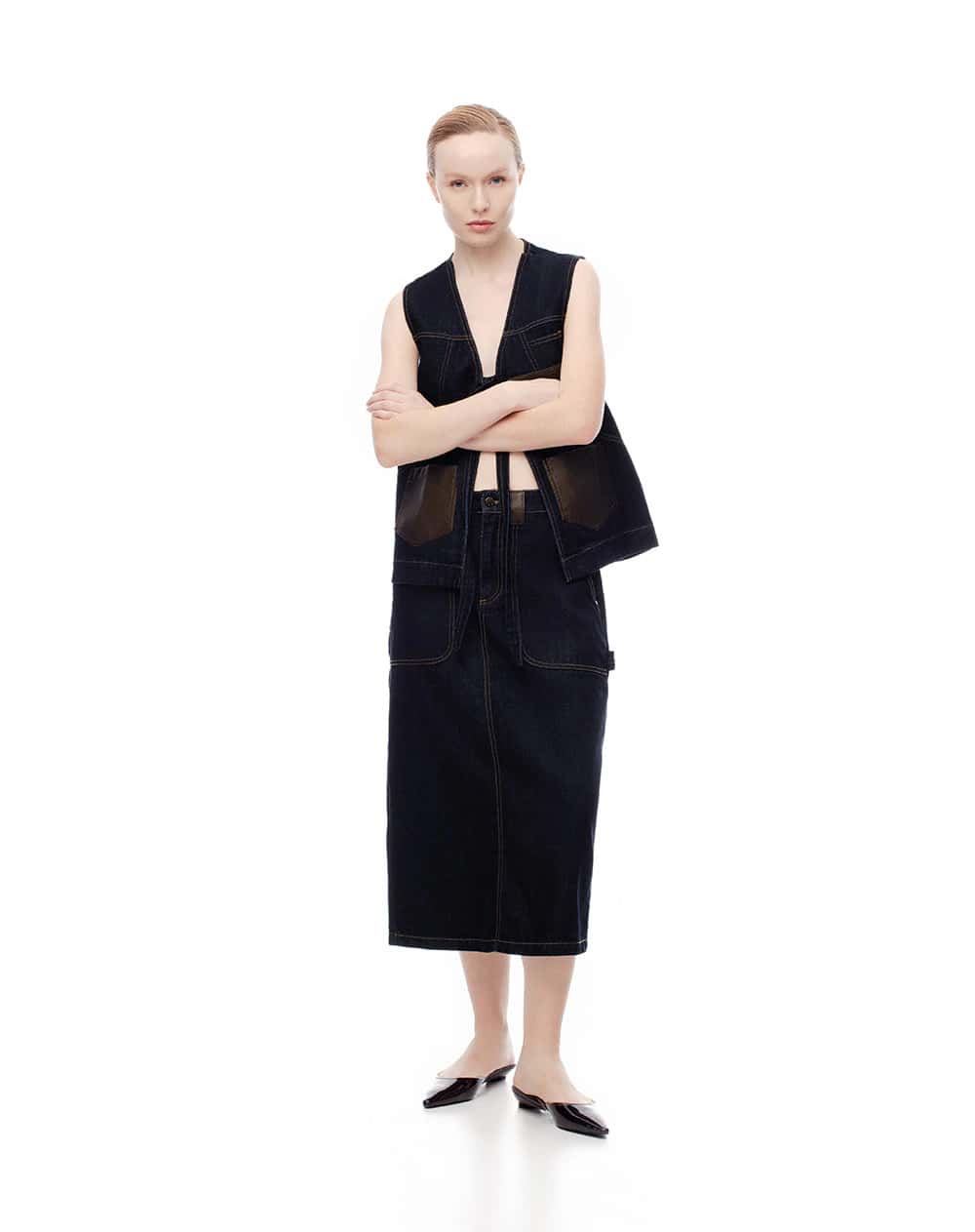 Falda midi denim tiro medio índigo oscuro mujer