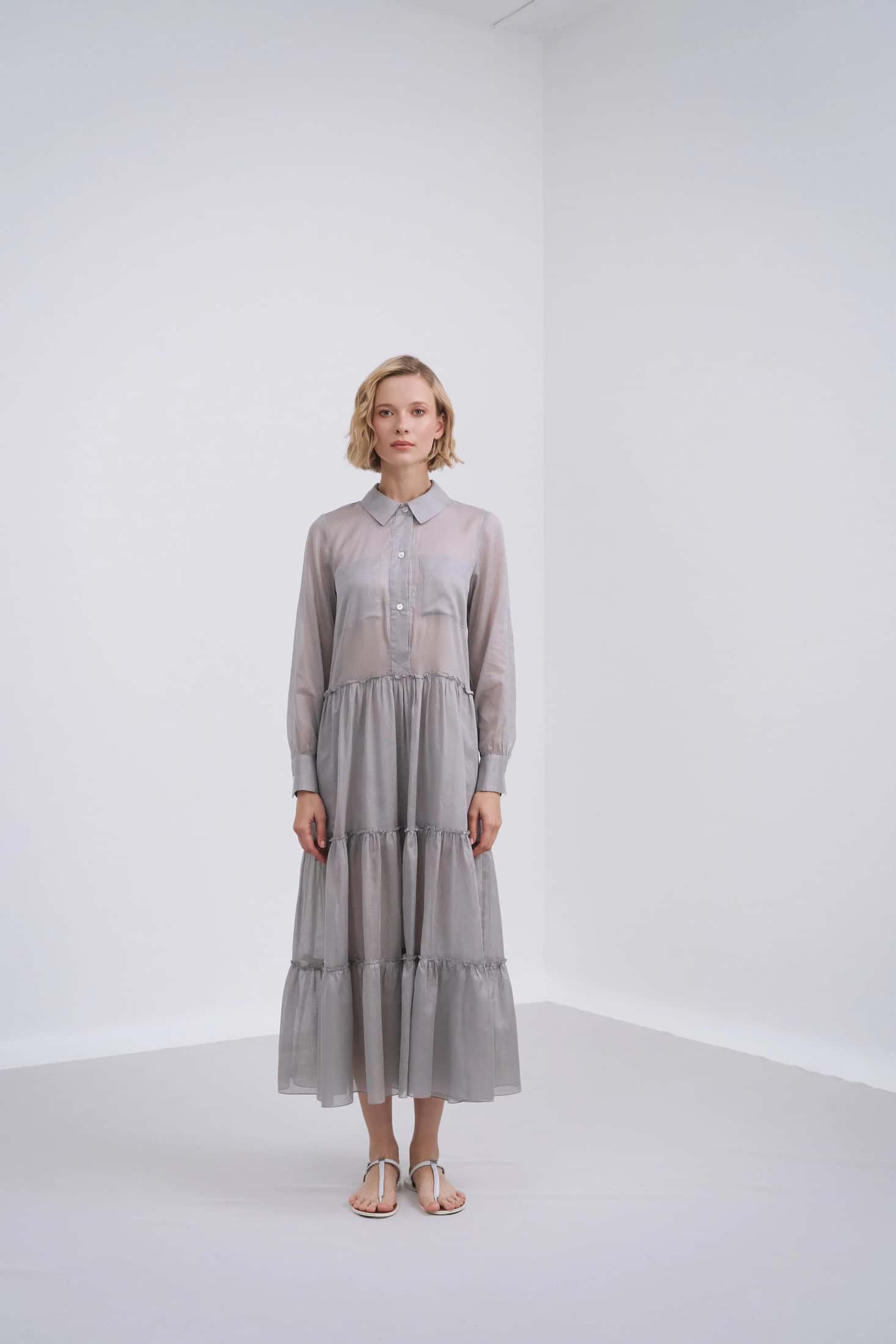 Long-Sleeve Ruffle-Skirt Cotton Voile Midi Dress - miniatura 3