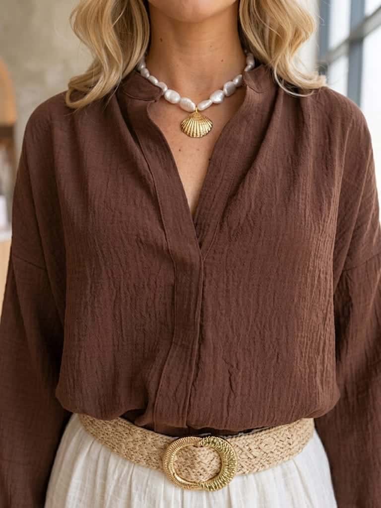 Blusa Manga Larga Resorte Cuello Cafe