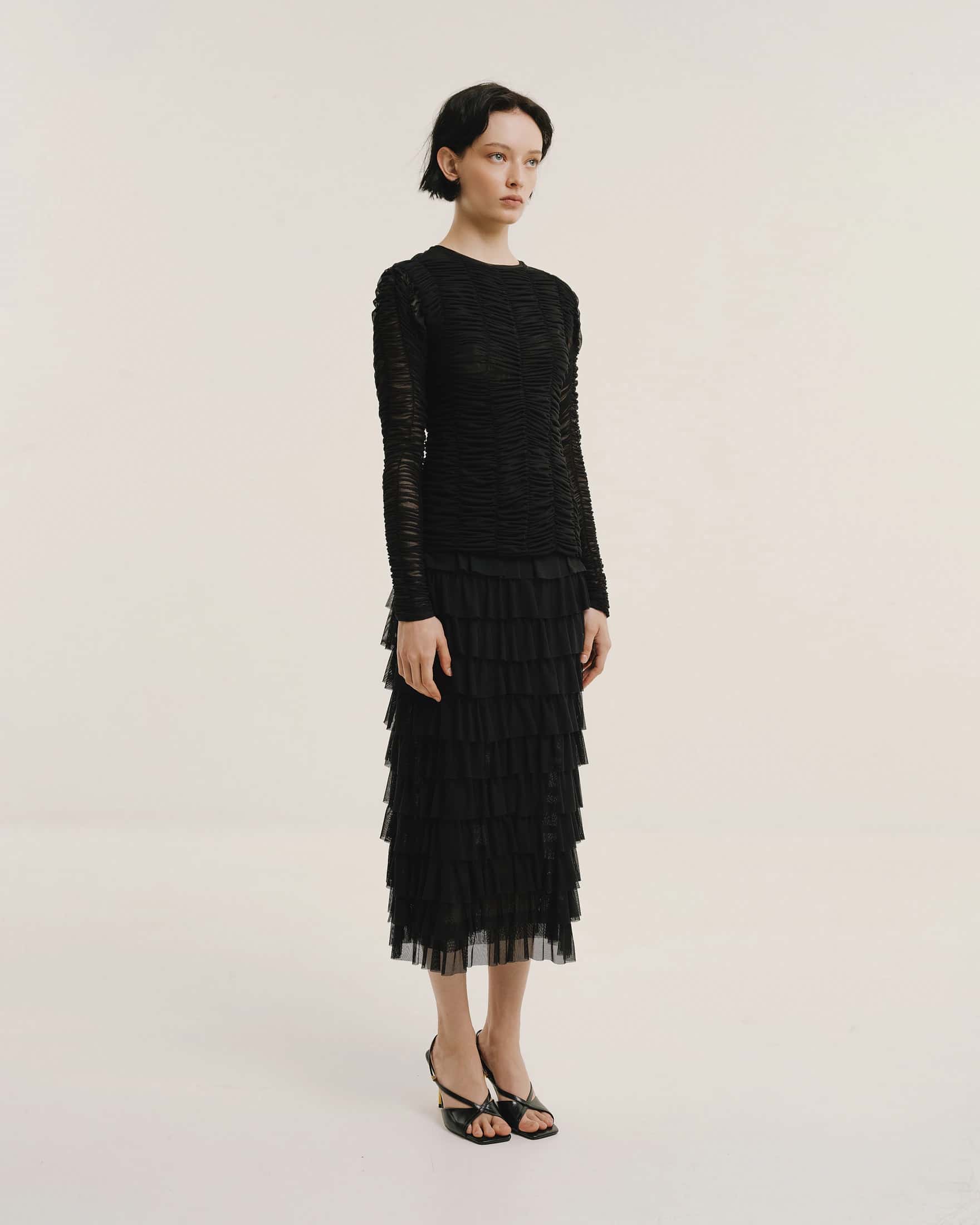 Ruched Tulle Round-Neck Top - miniatura 1