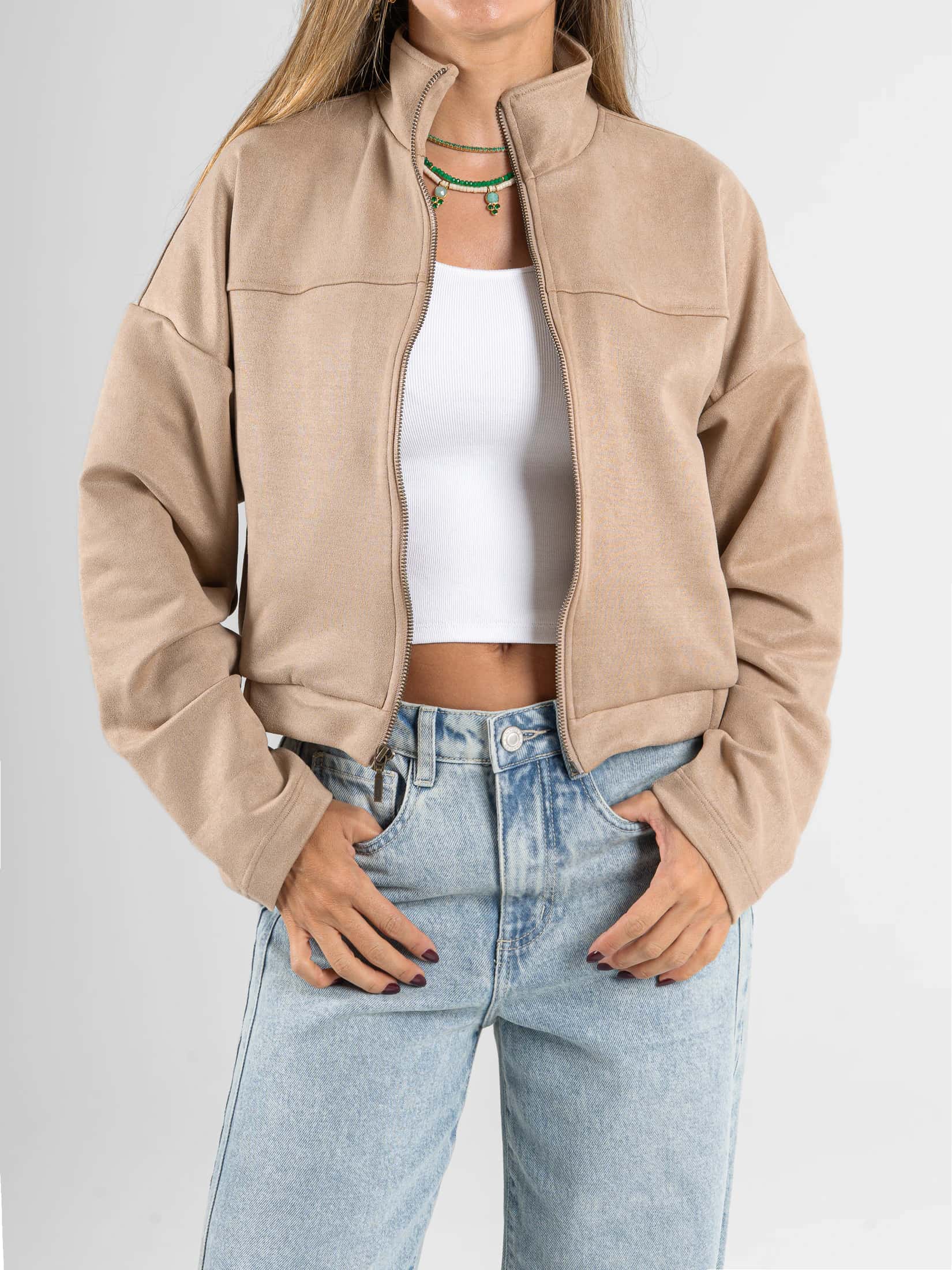 Ref: 0610687 Chaqueta efecto piel, cuello alto, con cremallera, tono camel - miniatura 2
