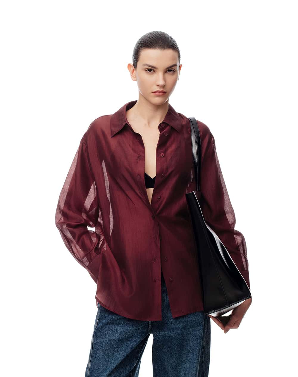 Camisa manga larga oversize vino tinto mujer