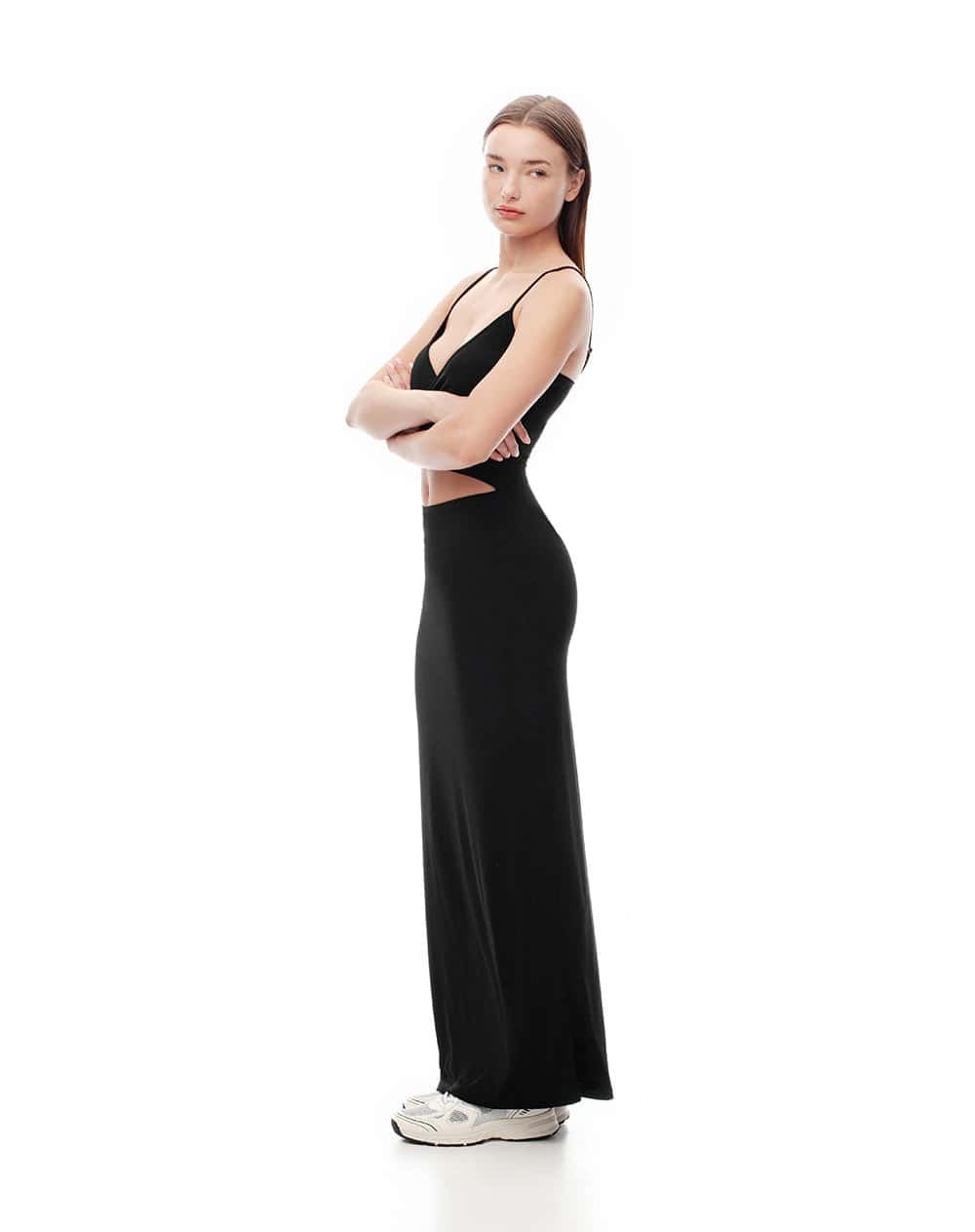 Vestido largo slim cut out negro mujer