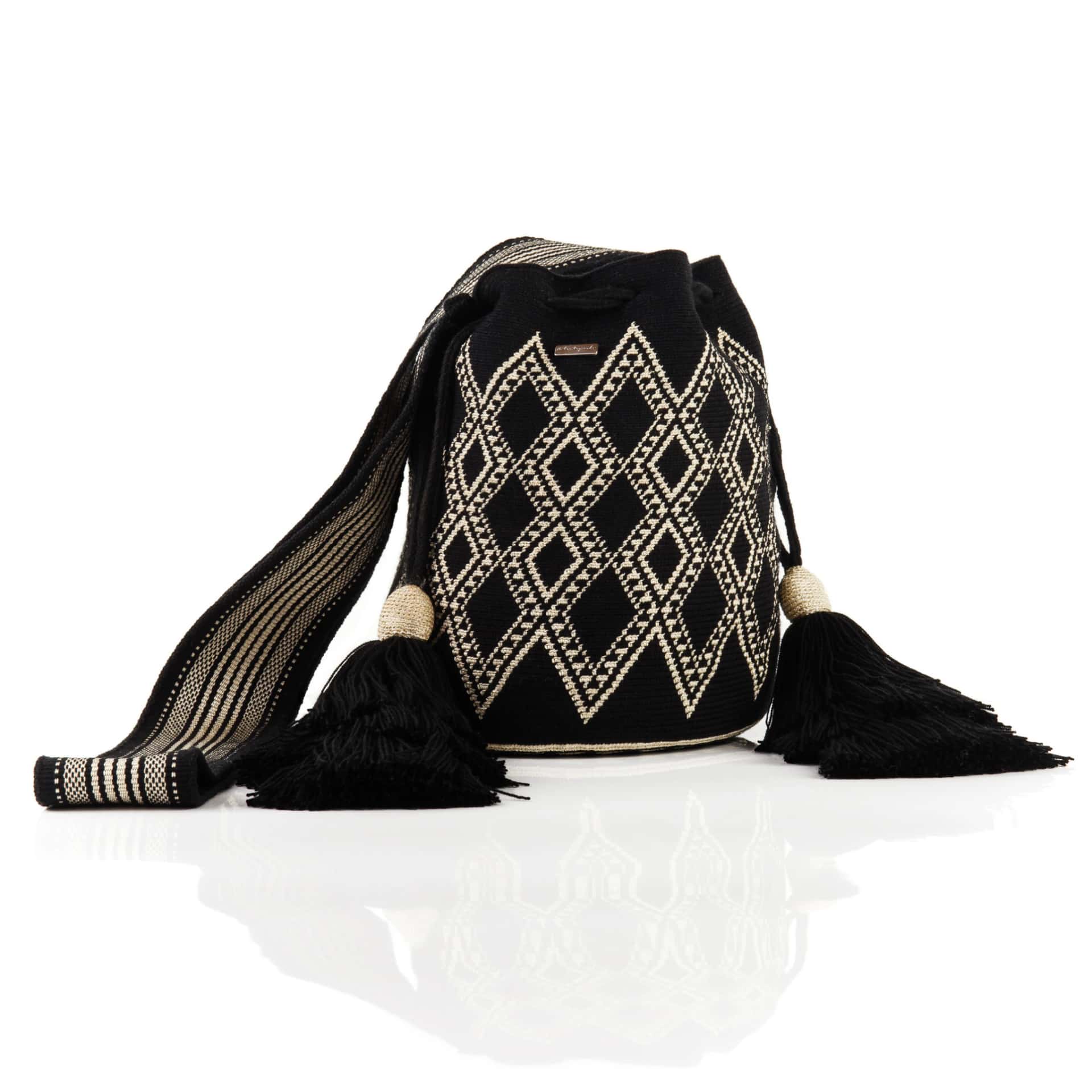 Mochila Wayuu Negra/Beige con Correa Larga