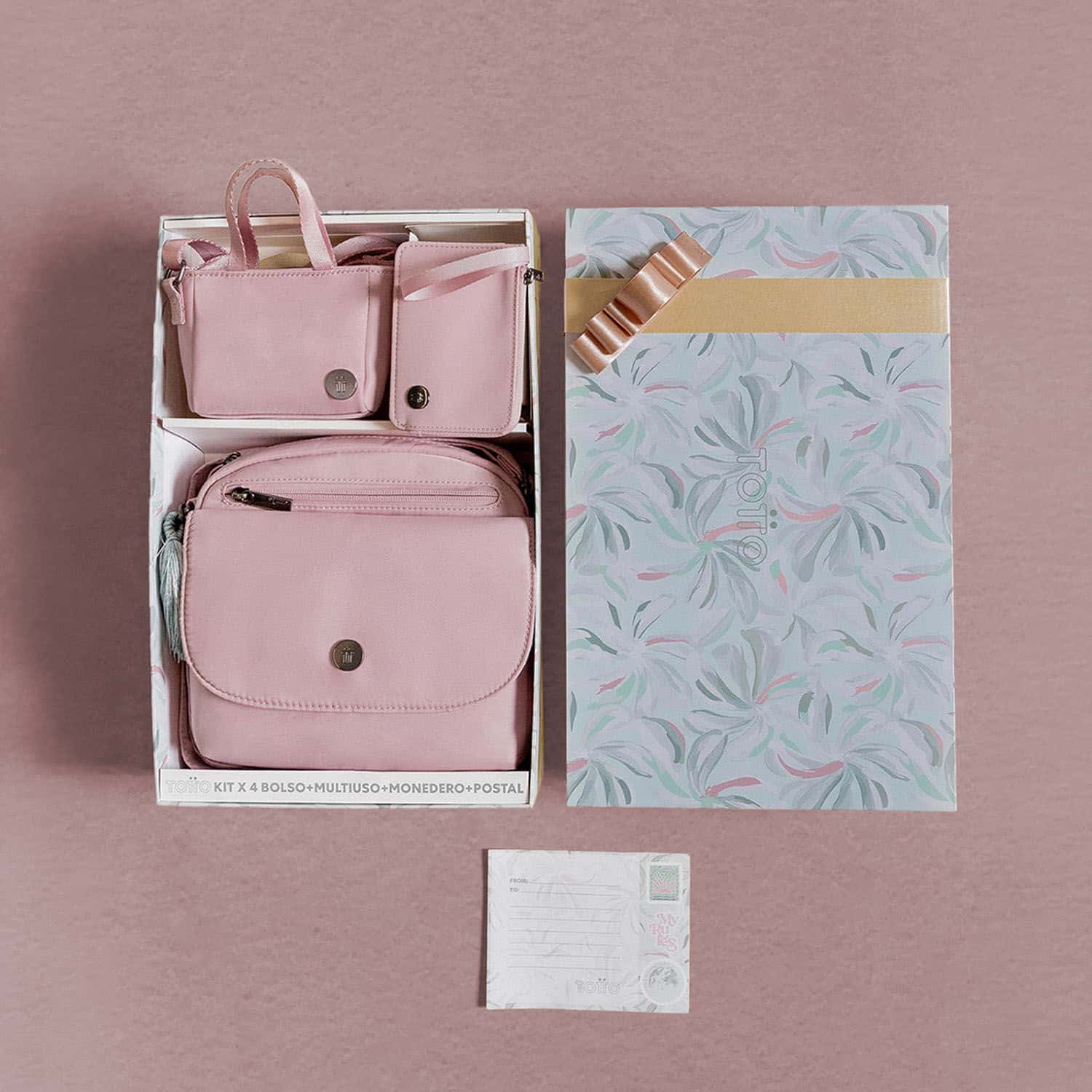 Kit de regalo X4 Bolso+Multiuso Mini+Monedero+Postal Corneana 2 Rosado