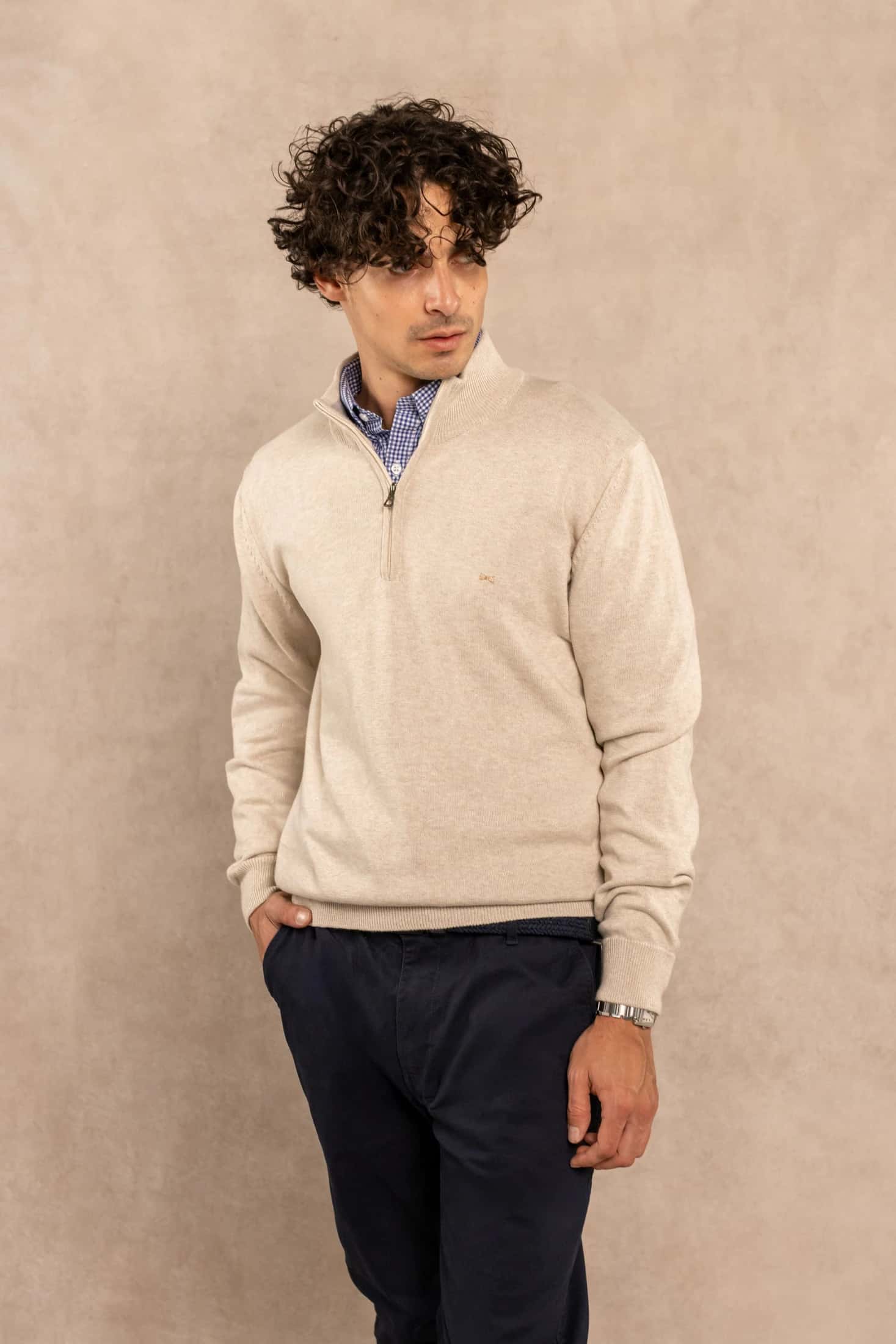 Halfzip Algodon Peinado Antiarrugas Marfil