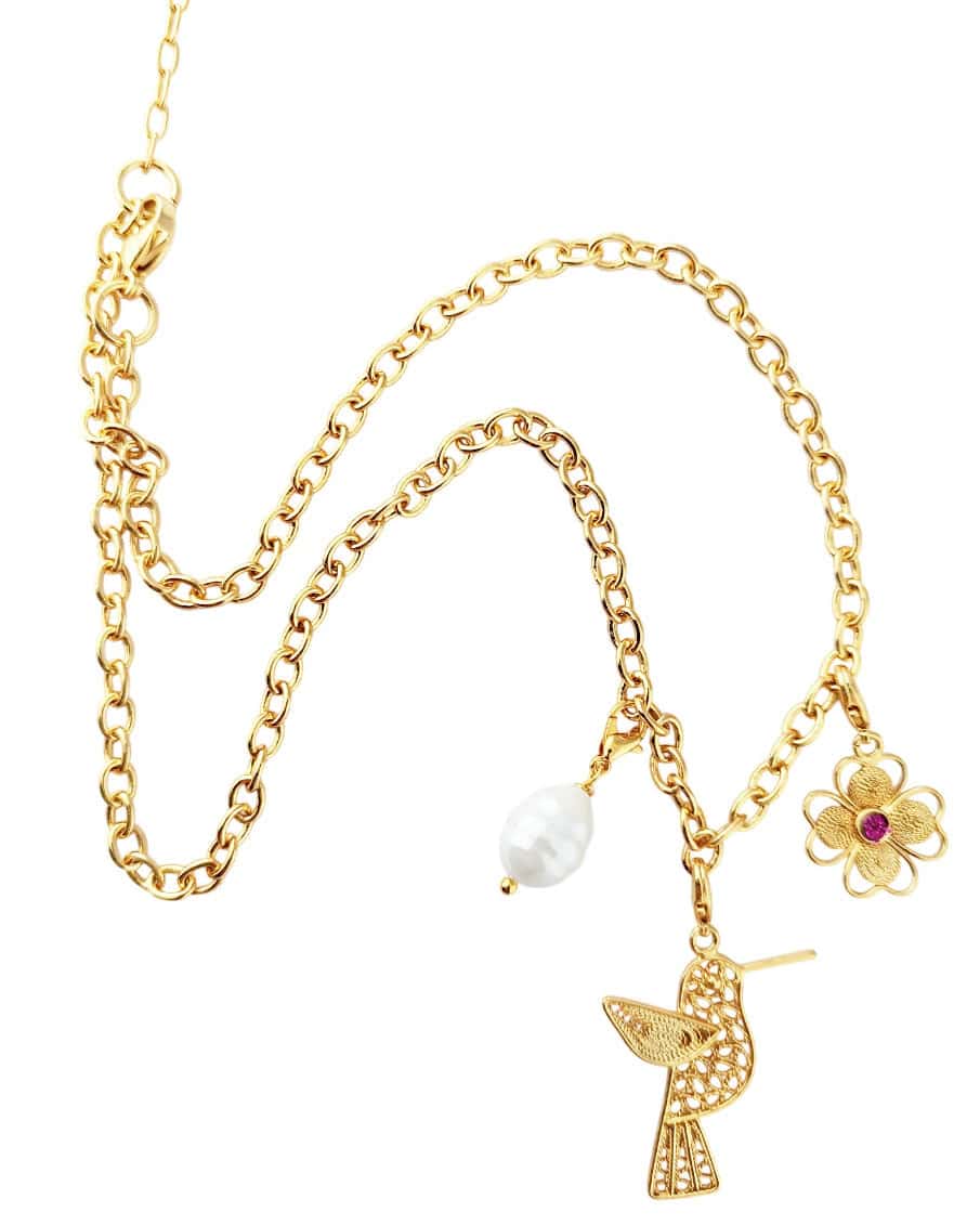 Cadena dorado y colgante en filigrana Colibrí y trébol
