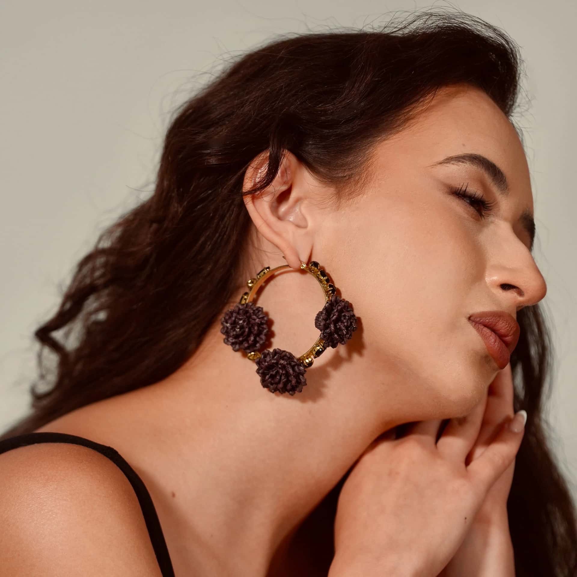 Black Flowers Hoop Earrings