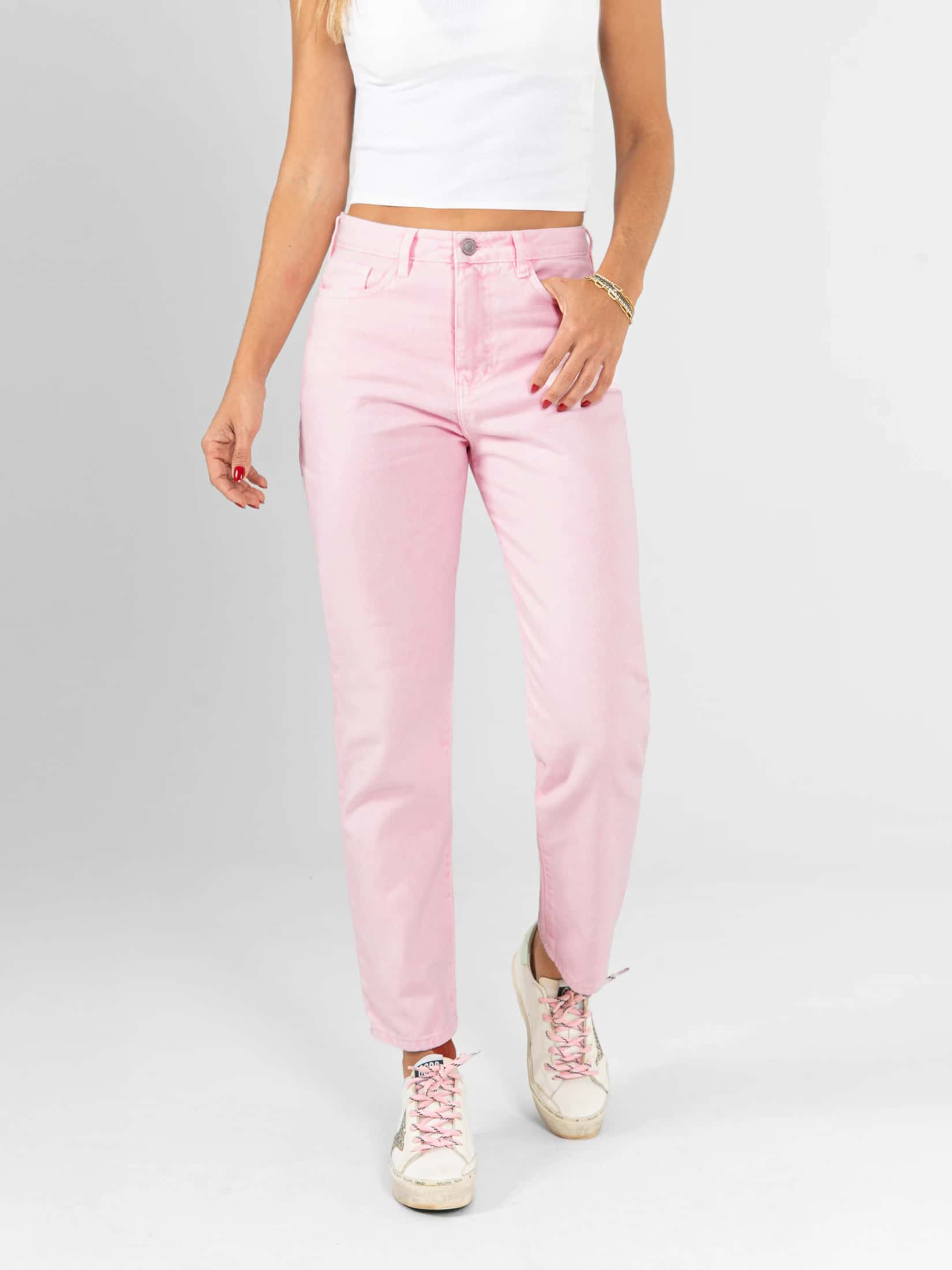 Ref: 0620591 Pantalón mom fit, tiro alto, stretch, tono rosa. - miniatura 1