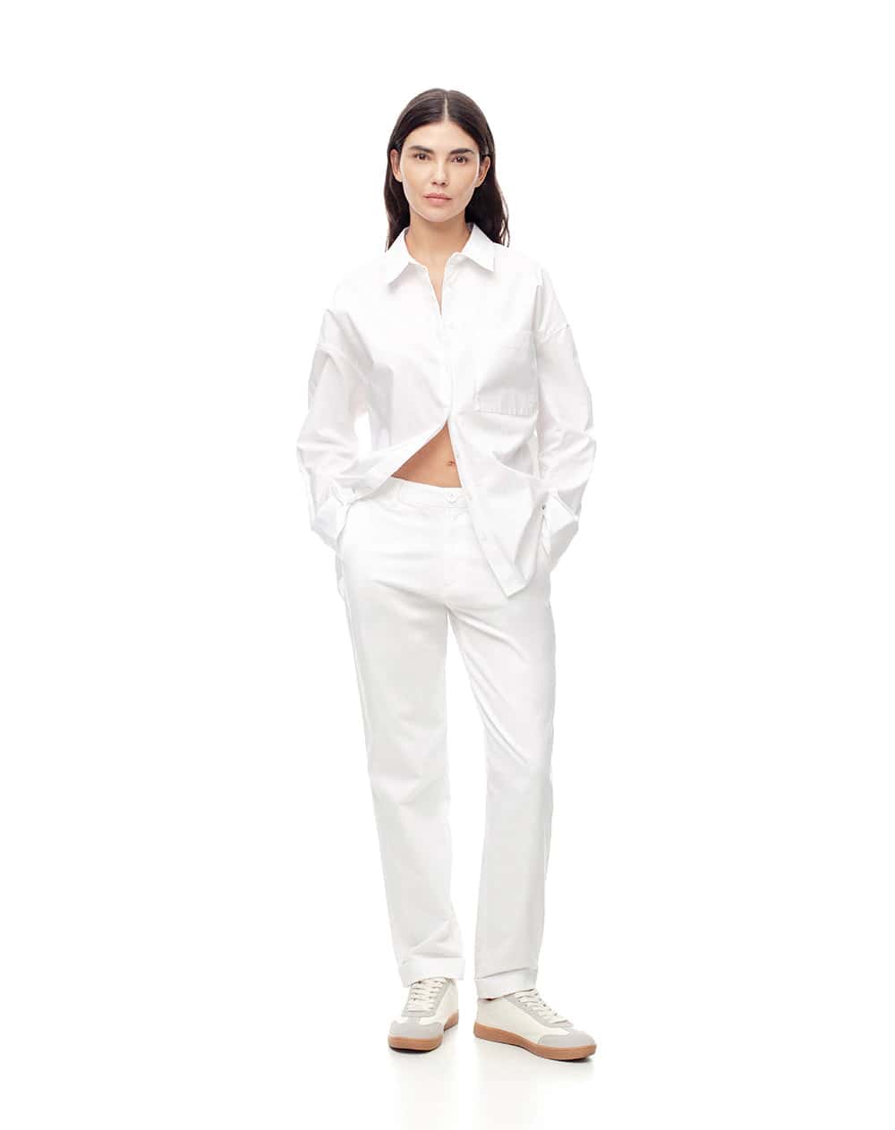 Pantalón recto tiro medio algodón blanco mujer