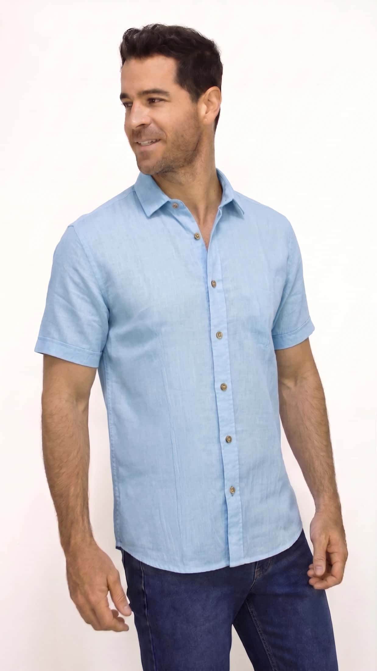 CAMISA LINO MANGA CORTA AZUL PARA HOMBRE